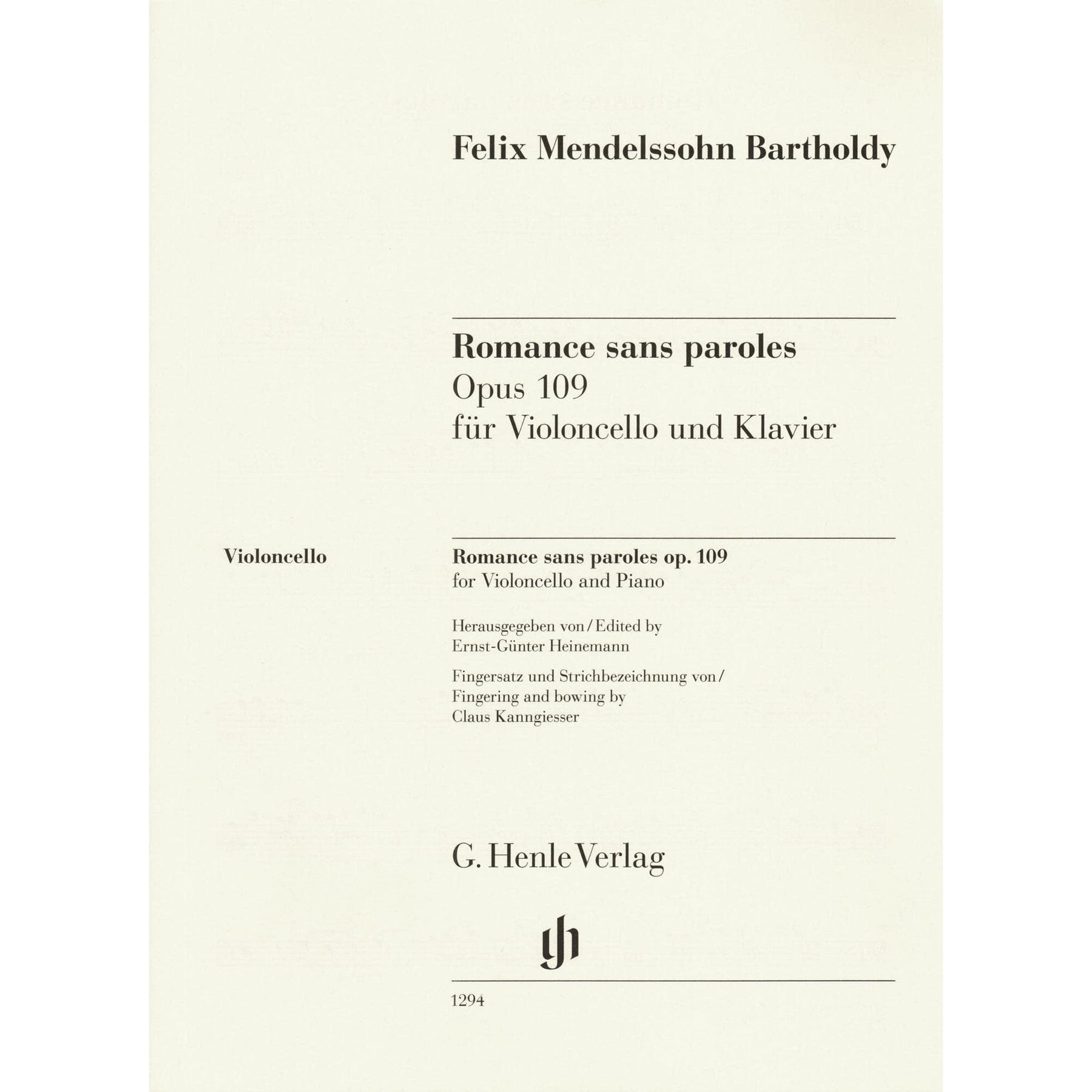 Mendelssohn, Felix - Romance Sans Paroles, Op 109 - for Cello and Piano - G. Henle Verlag URTEXT