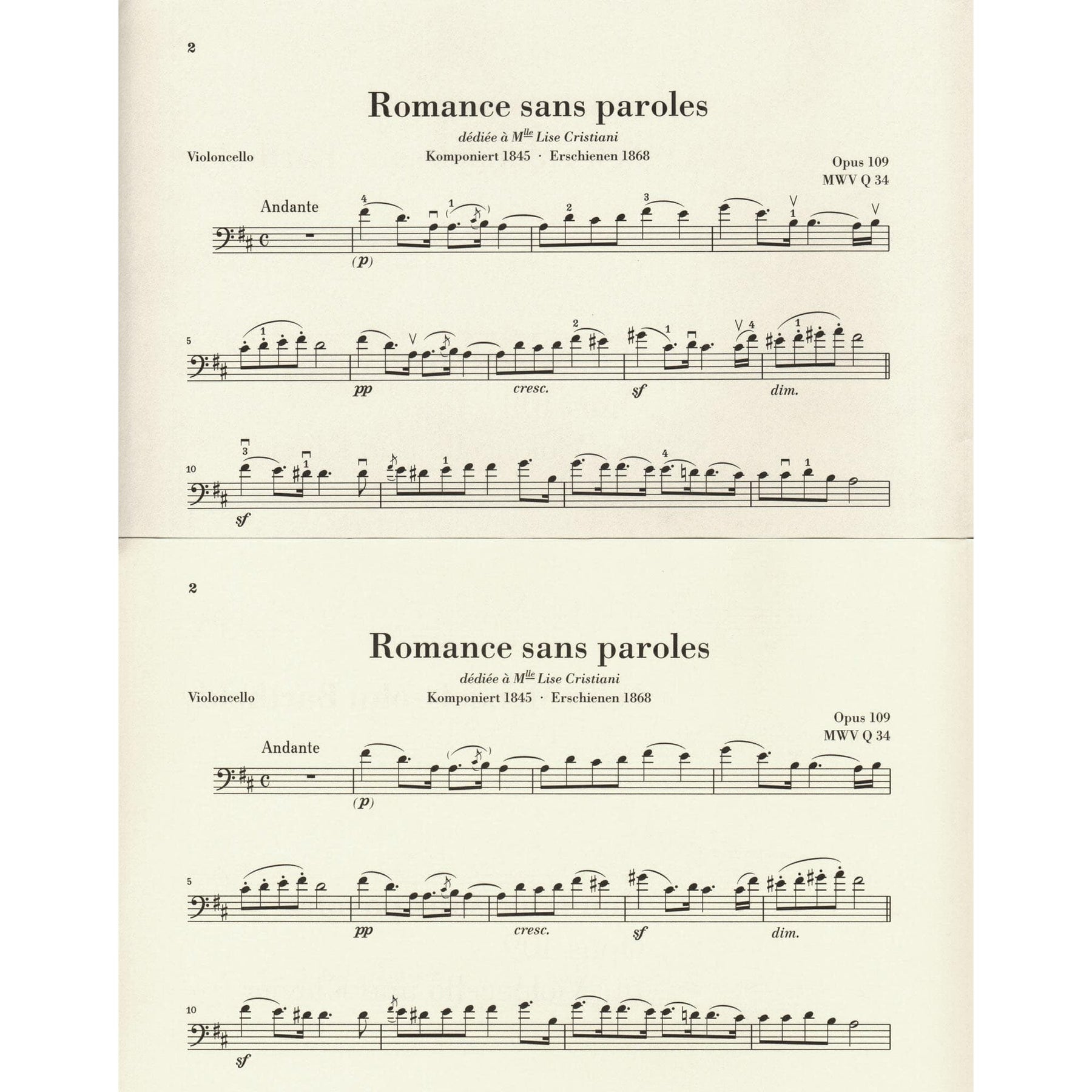 Mendelssohn, Felix - Romance Sans Paroles, Op 109 - for Cello and Piano - G. Henle Verlag URTEXT