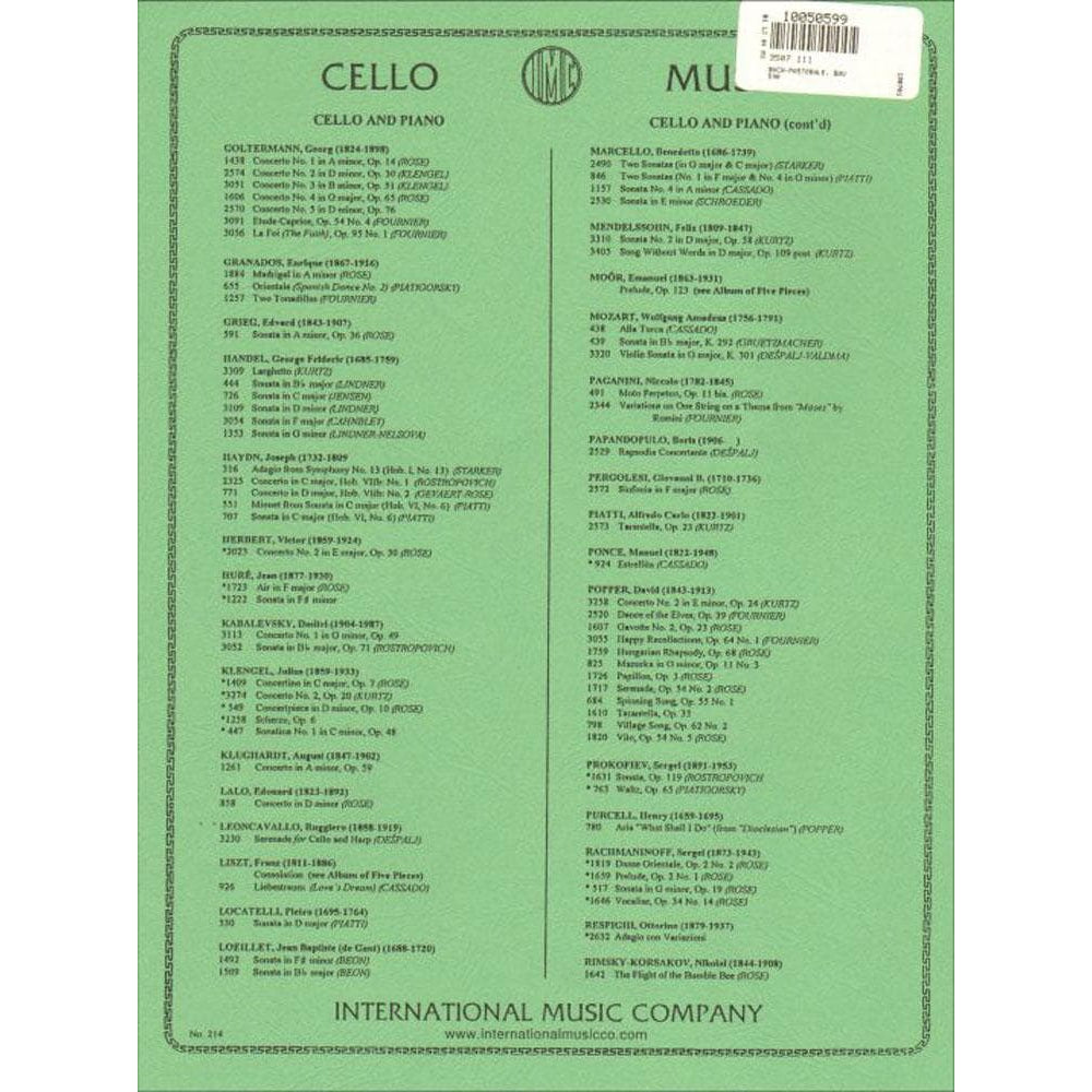 Bach, JS - Pastorale in F Major BWV 590 for Cello and Piano - Arranged by Roemaet-Rosonoff - International Edition
