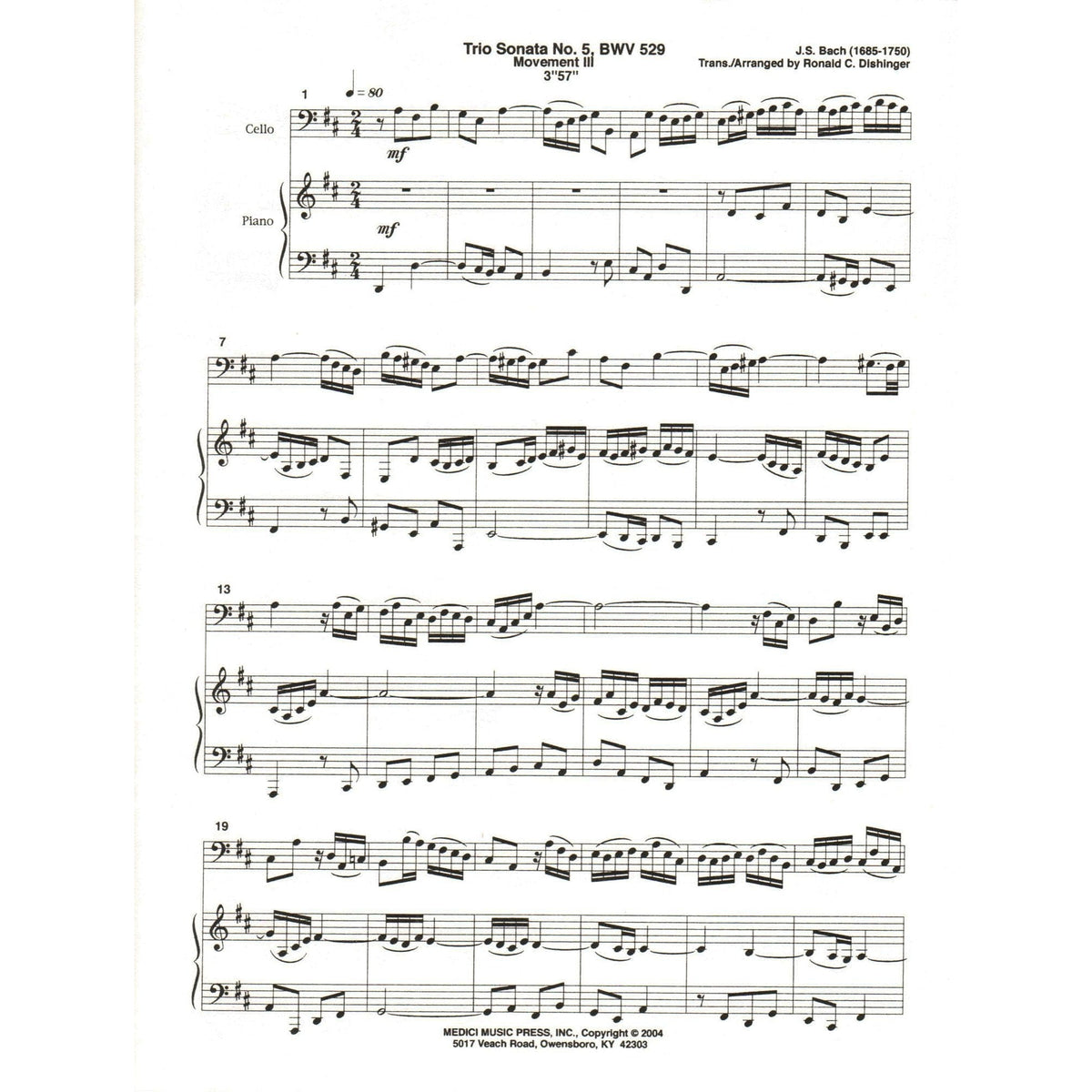 Bach, J.S. - Trio Sonata No. 5 Movement III, from Six Trio Sonatas, BWV 529 - for Cello and Piano - arr. by Dishinger - Medici Music Press