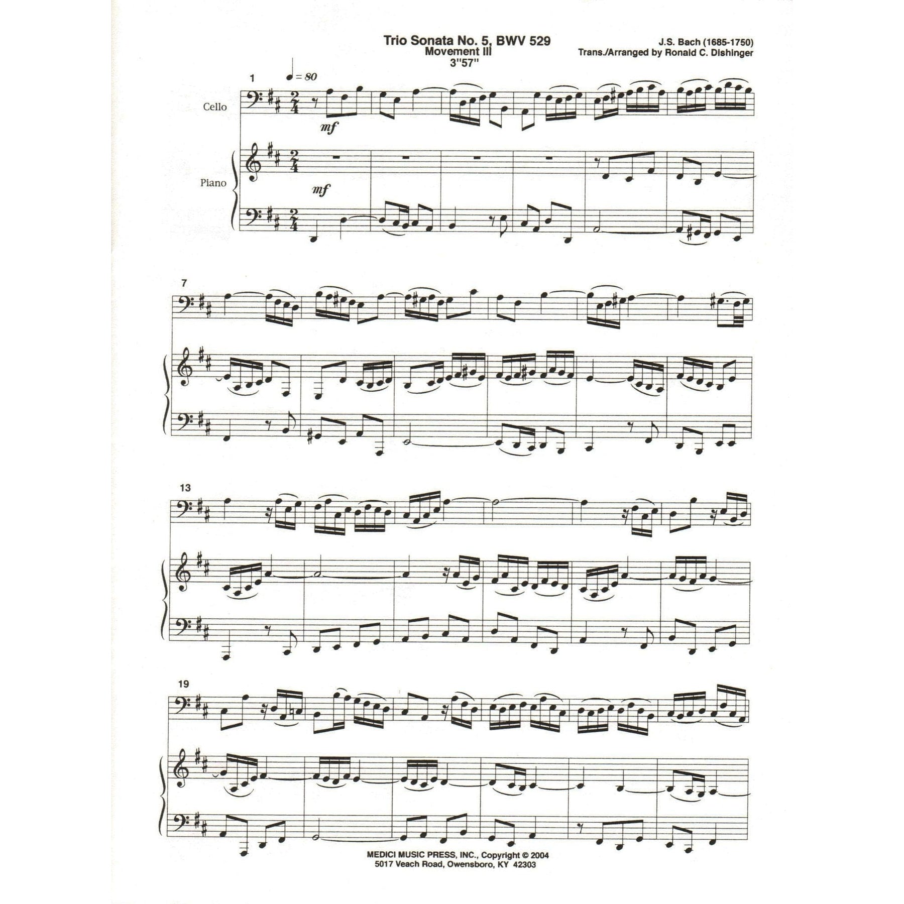 Bach, J.S. - Trio Sonata No. 5 Movement III, from Six Trio Sonatas, BWV 529 - for Cello and Piano - arr. by Dishinger - Medici Music Press