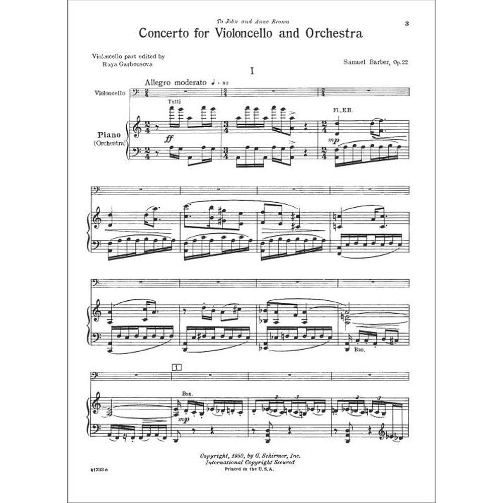 Barber, Samuel - Concerto Op 22 for Cello and Piano - Schirmer Edition