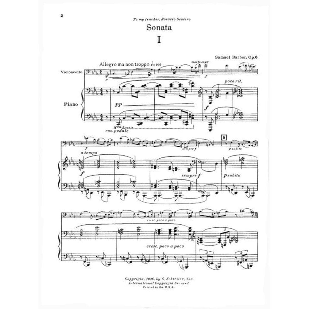 Barber, Samuel - Sonata Op 6 for Cello and Piano - Schirmer Edition