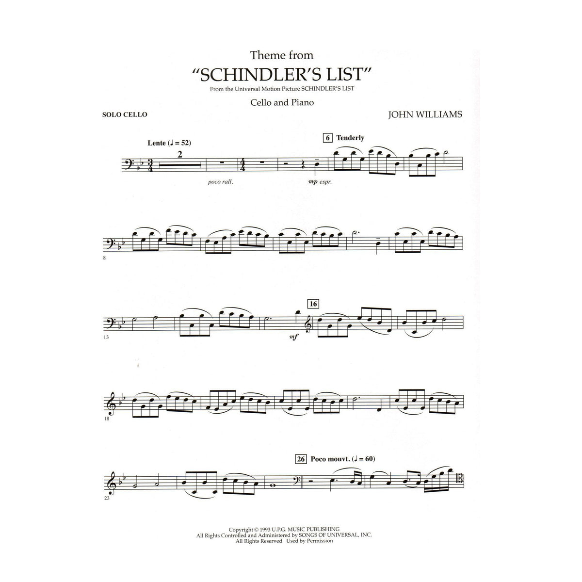 Williams, John - Theme from "Schindler's List" - Cello and Piano - Hal Leonard Publication