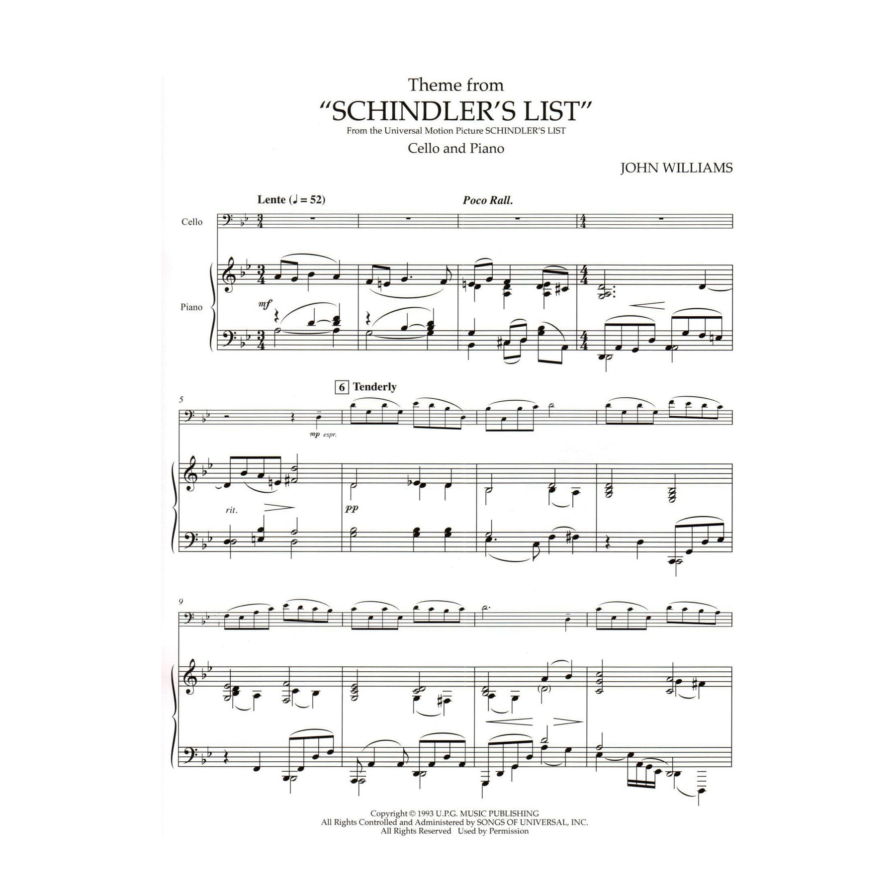 Williams, John - Theme from "Schindler's List" - Cello and Piano - Hal Leonard Publication