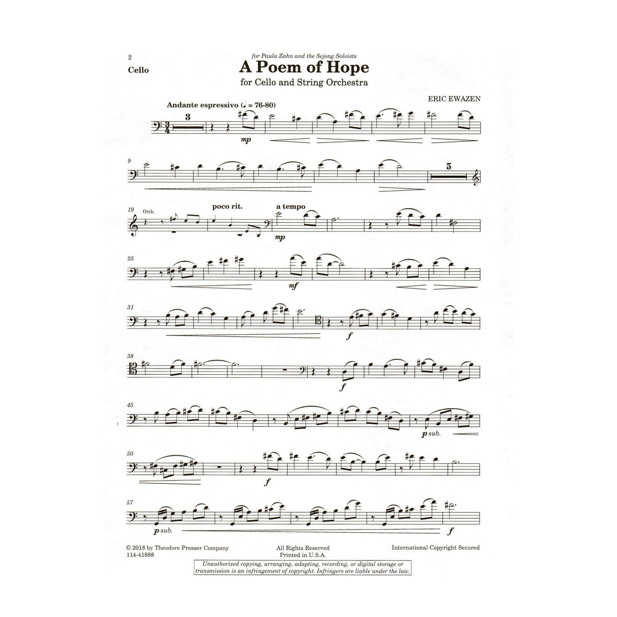 Ewazen, Eric - A Poem of Hope - for Cello and Piano - Theodore Presser