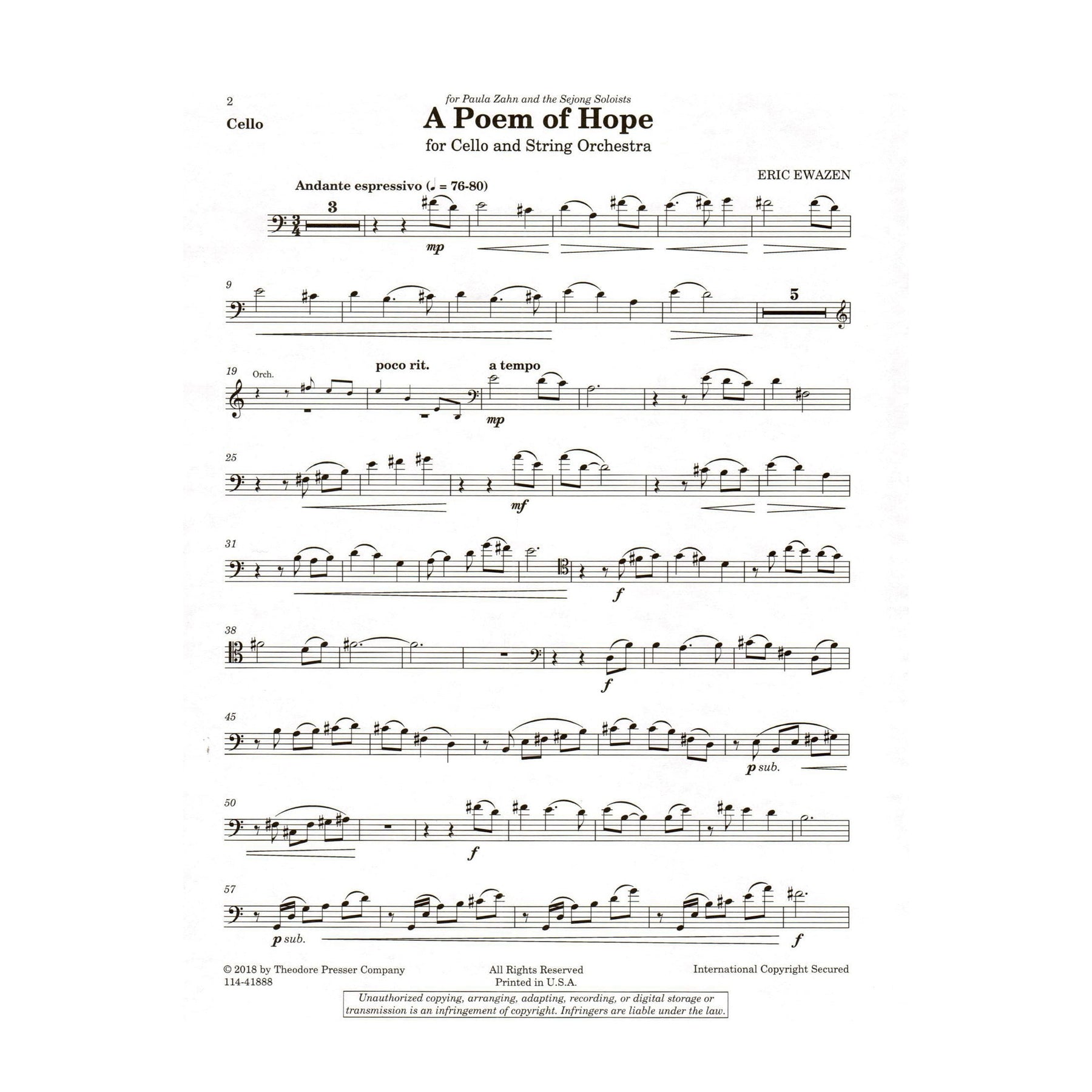 Ewazen, Eric - A Poem of Hope - for Cello and Piano - Theodore Presser