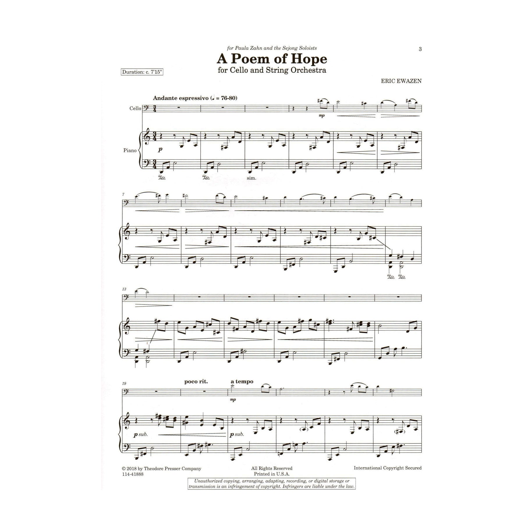 Ewazen, Eric - A Poem of Hope - for Cello and Piano - Theodore Presser