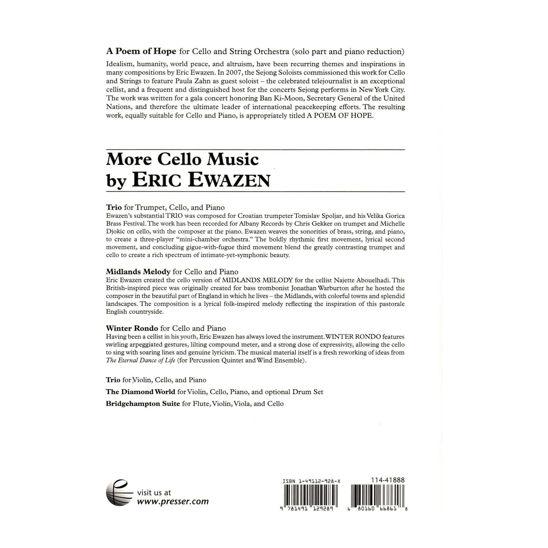 Ewazen, Eric - A Poem of Hope - for Cello and Piano - Theodore Presser