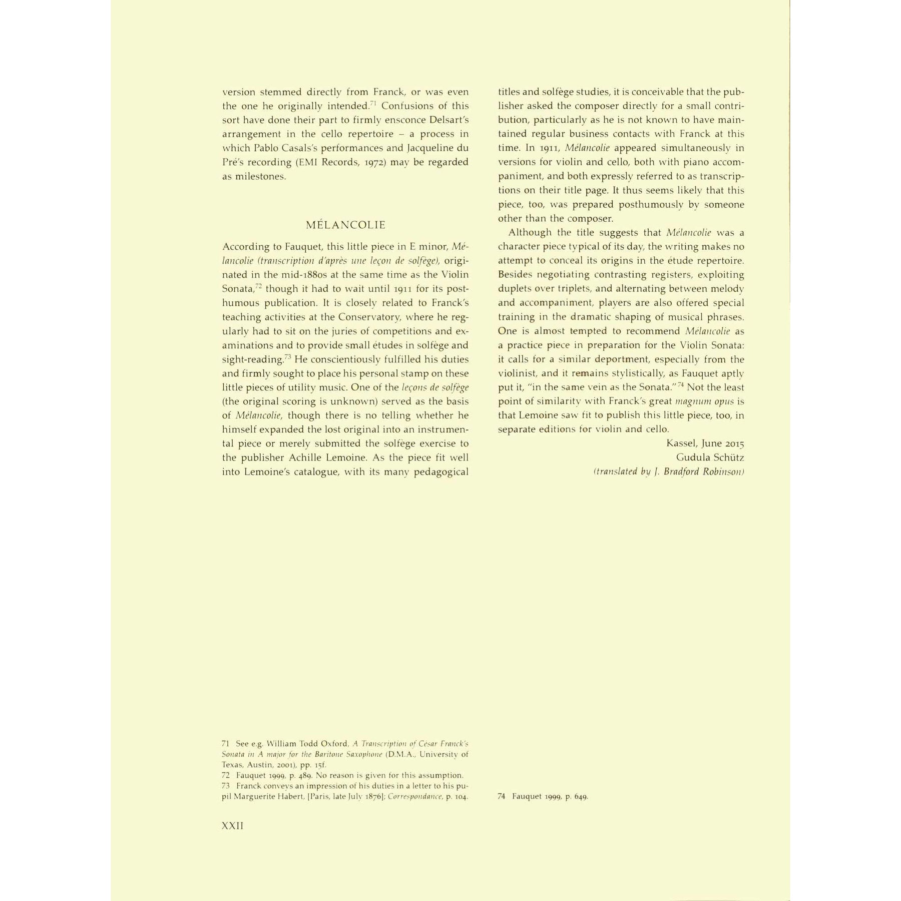 Franck, Cesar - Sonata and Melancolie - for Cello and Piano - edited by Woodfull-Harris - Barenreiter URTEXT
