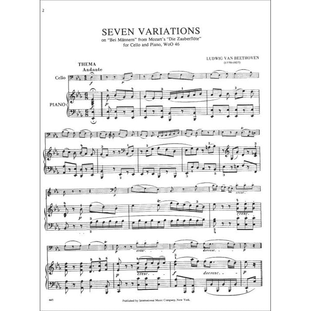 Beethoven, Ludwig - 7 Variations on a Theme Bei Mannern from Mozart's Magic Flute WoO 46 for Cello and Piano - International Edition