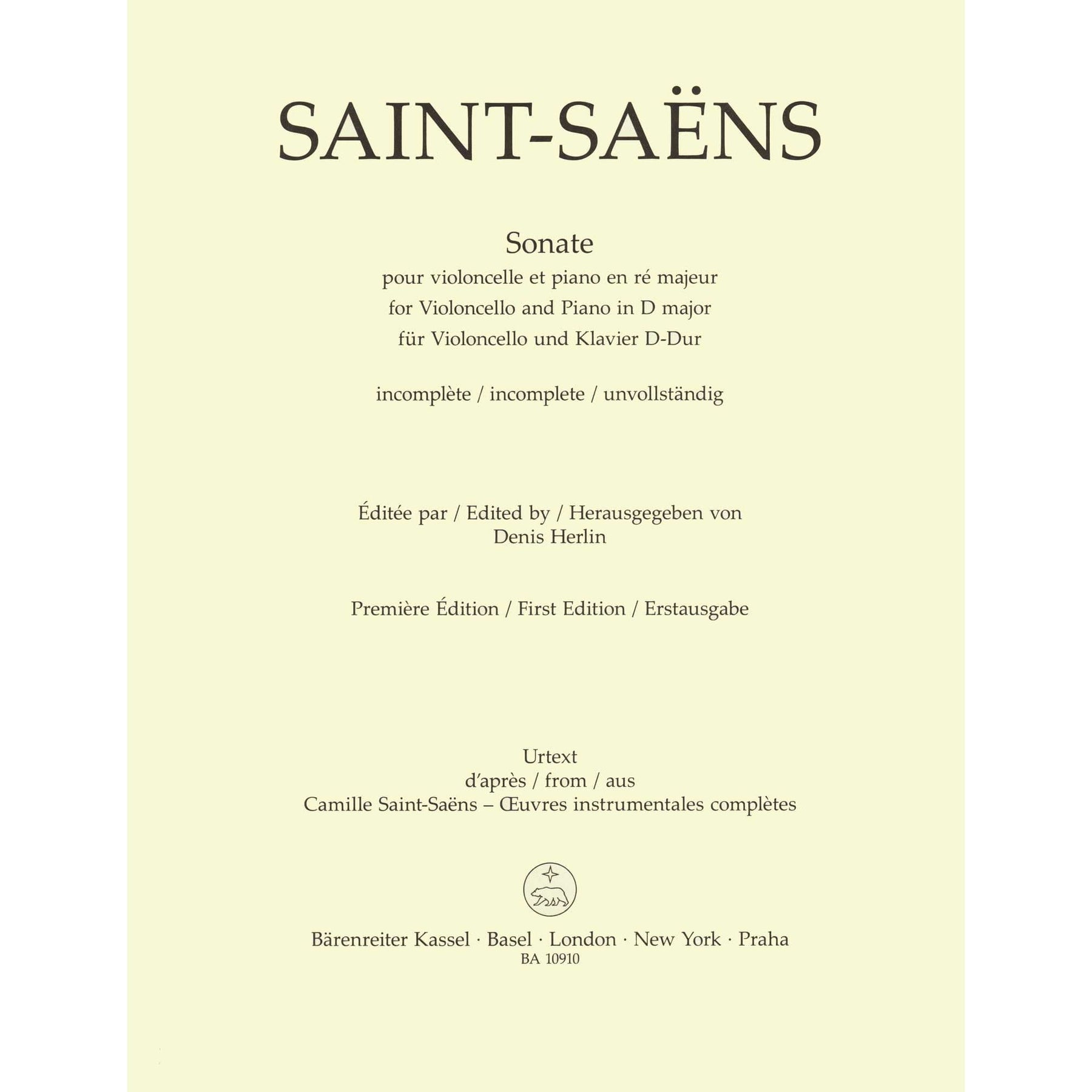 Saint-Saens, Camille - Sonata in D major - for Cello and Piano - edited by Denis Hurlin - Barenreiter URTEXT