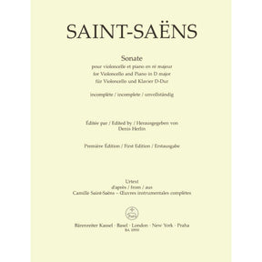 Saint-Saens, Camille - Sonata in D major - for Cello and Piano - edited by Denis Hurlin - Barenreiter URTEXT