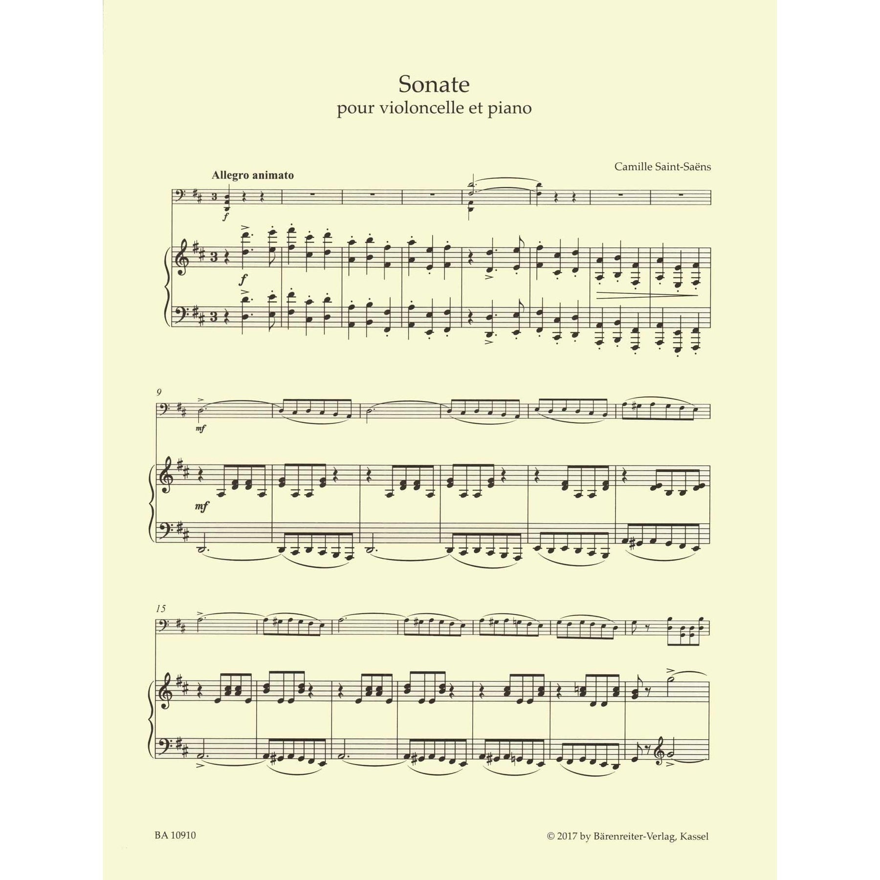 Saint-Saens, Camille - Sonata in D major - for Cello and Piano - edited by Denis Hurlin - Barenreiter URTEXT