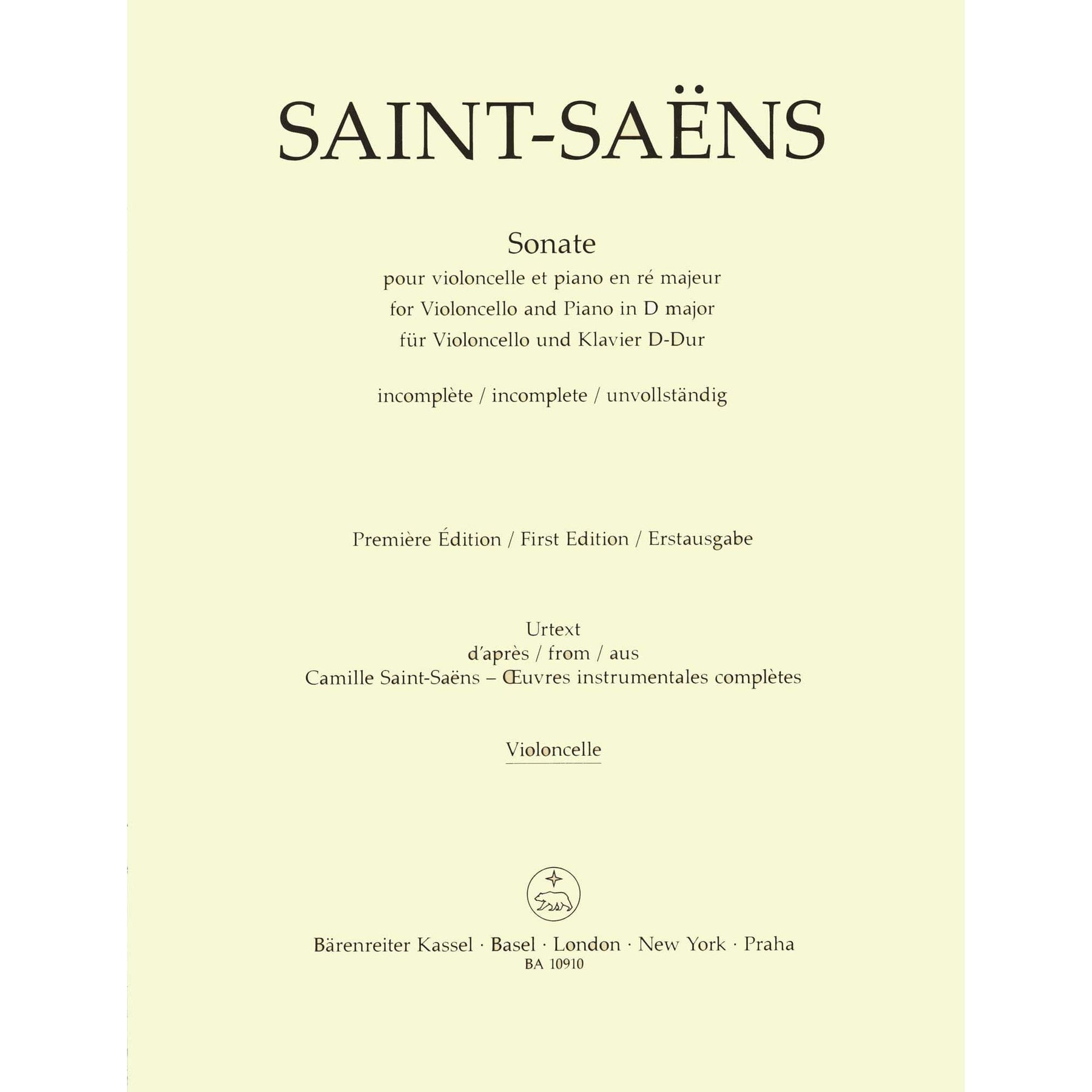 Saint-Saens, Camille - Sonata in D major - for Cello and Piano - edited by Denis Hurlin - Barenreiter URTEXT