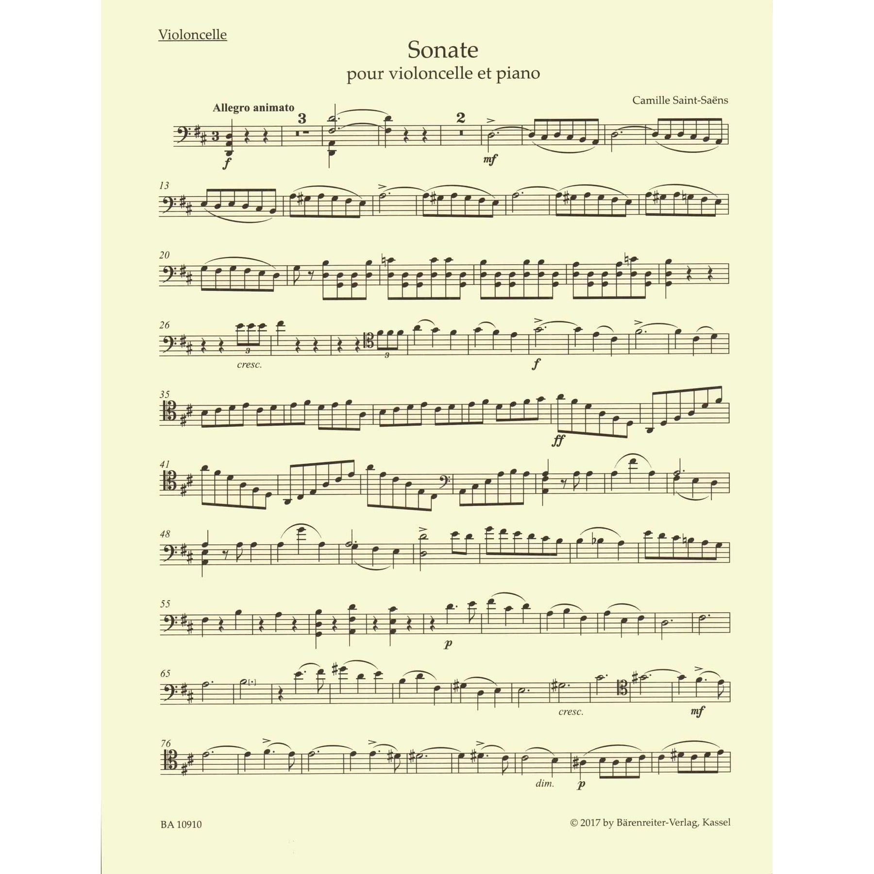 Saint-Saens, Camille - Sonata in D major - for Cello and Piano - edited by Denis Hurlin - Barenreiter URTEXT