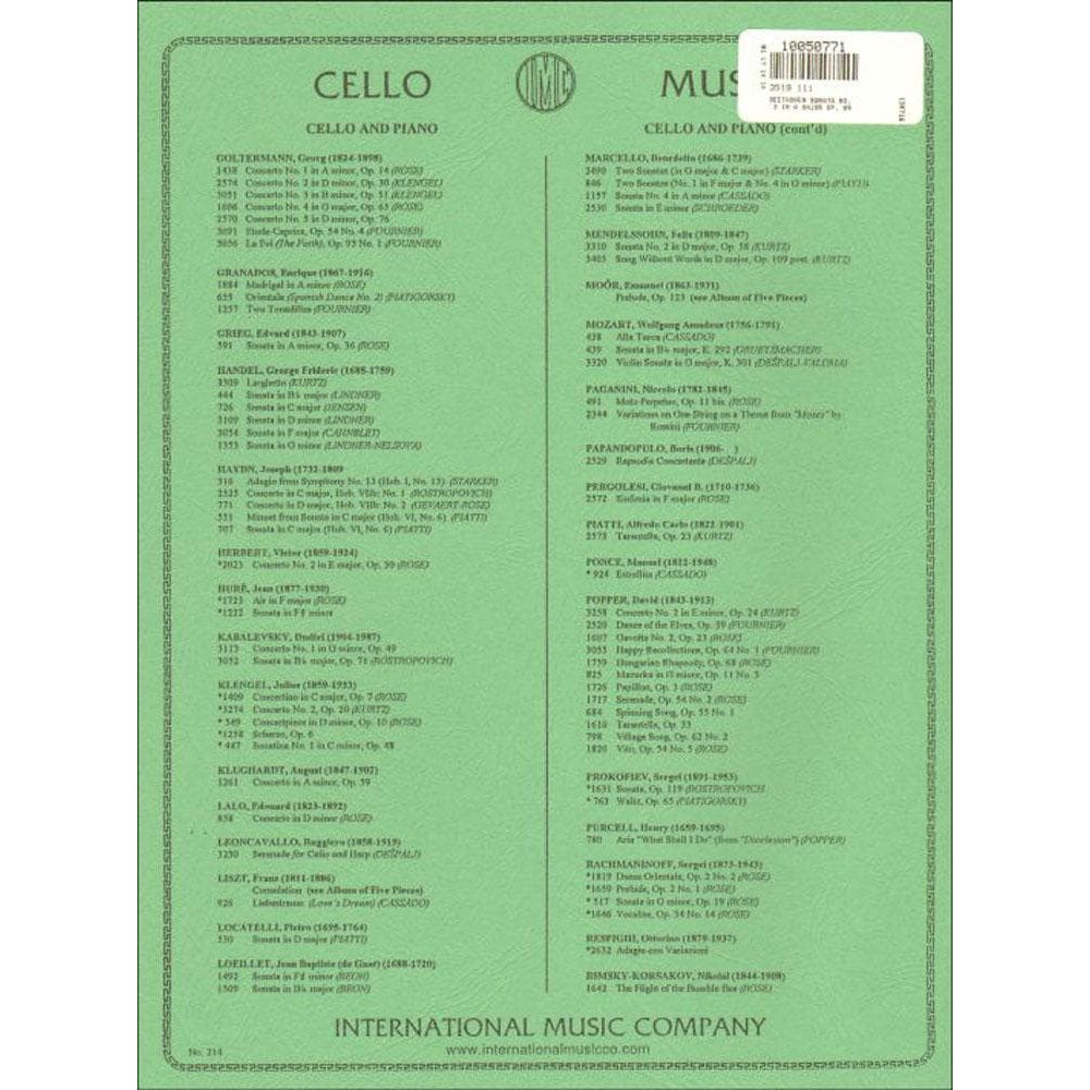 Beethoven, Ludwig - Sonata No 3 in A Major Op 69 for Cello and Piano - Arranged by Rose - International Edition