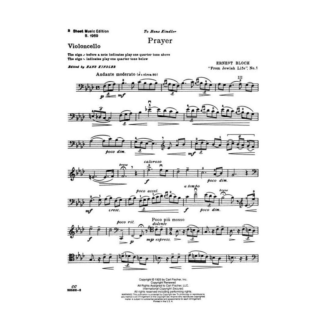 Bloch, Ernest - Prayer ( No 1 from Jewish Life ) for Cello and Piano - Arranged by Kindler - Fischer Edition