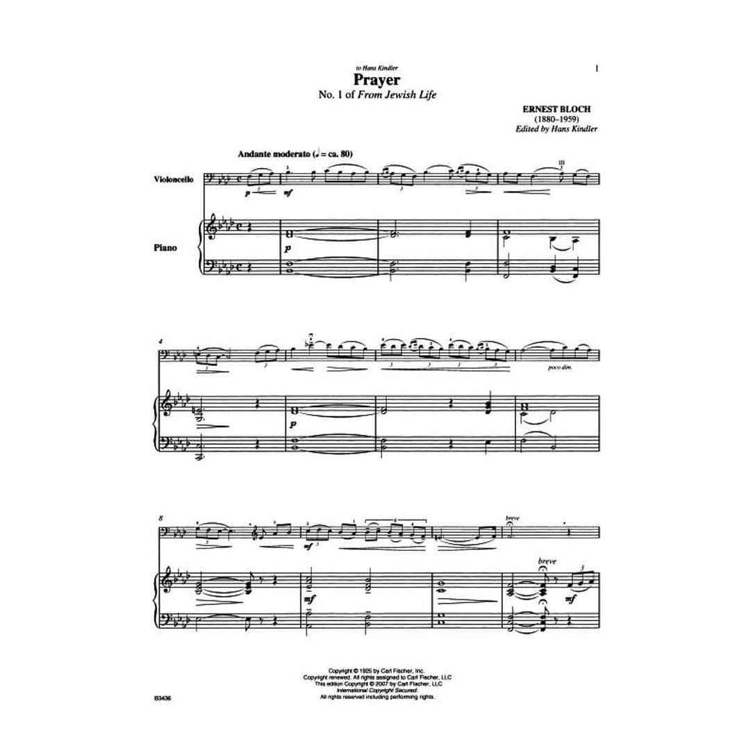 Bloch, Ernest - Prayer No 1 from Jewish Life for Cello with Piano Accompaniment - Edited by Kindler - Fischer Edition