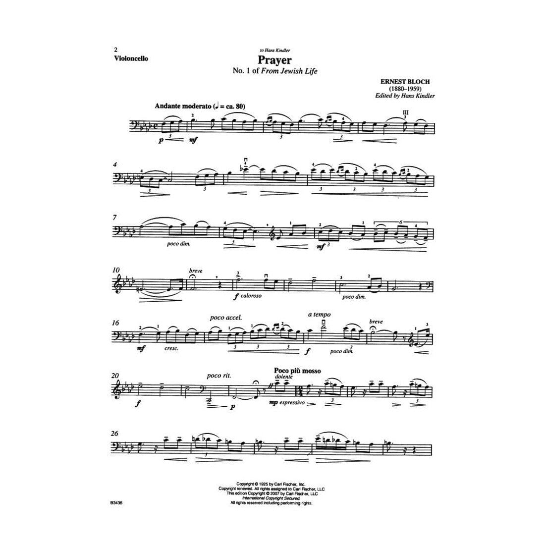 Bloch, Ernest - Prayer No 1 from Jewish Life for Cello with Piano Accompaniment - Edited by Kindler - Fischer Edition