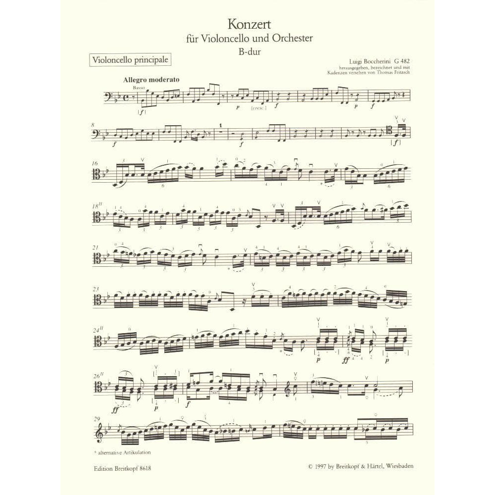 Boccherini, Luigi - Concerto in B-flat Major G 482 for Cello and Piano - Arranged by Fritzsch - Breitkopf and Haertel Edition
