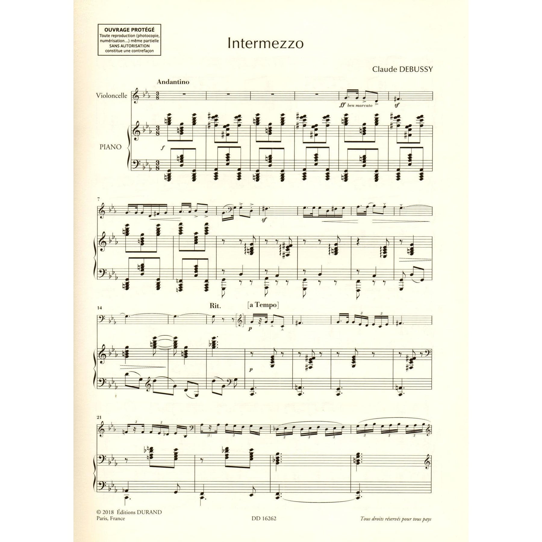 Debussy, Claude - Intermezzo for Cello and Piano - edited by Roy Howat - Durand Edition