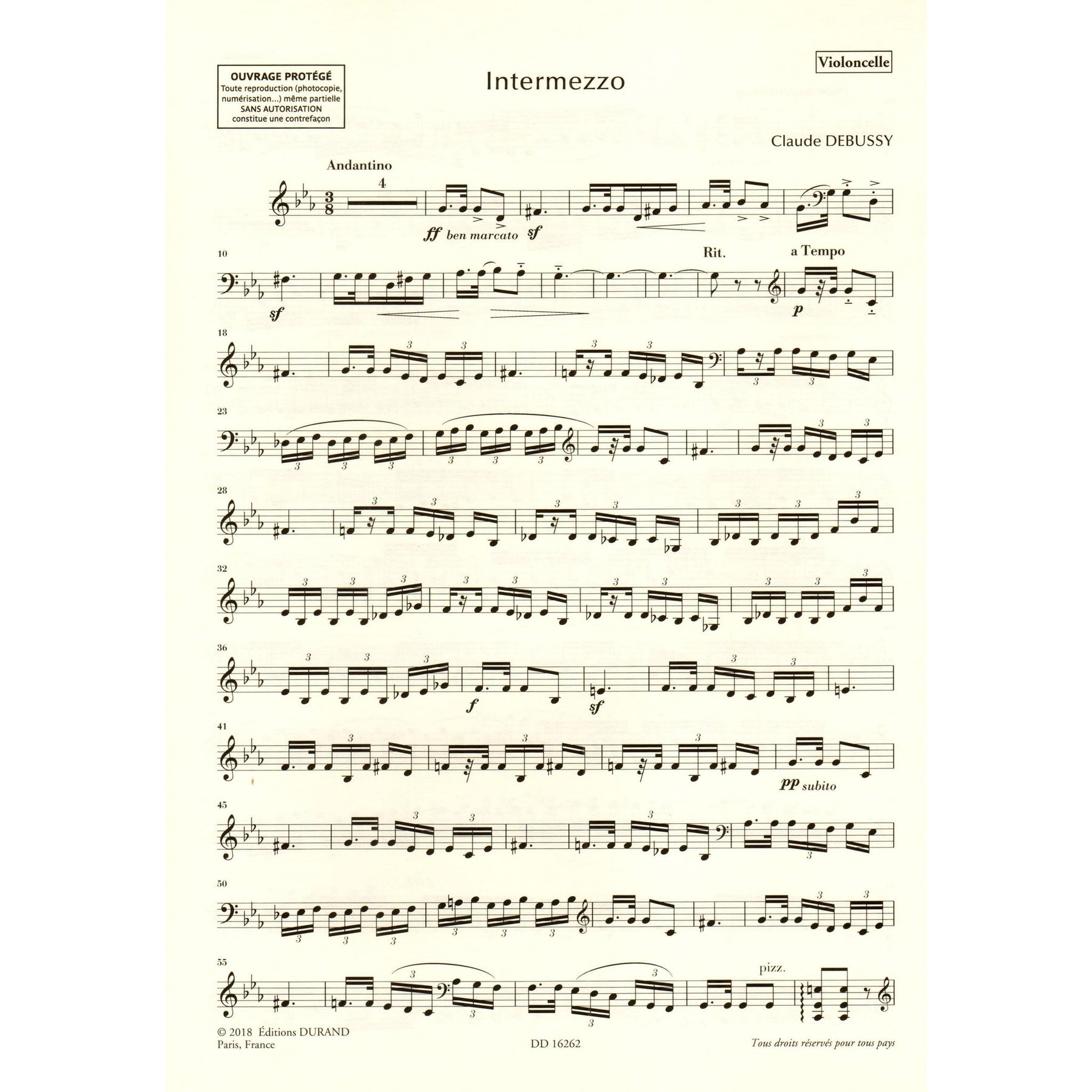 Debussy, Claude - Intermezzo for Cello and Piano - edited by Roy Howat - Durand Edition