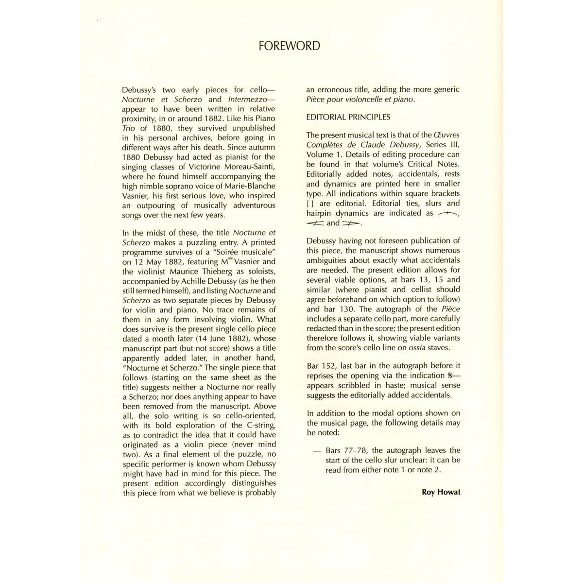 Debussy, Claude - Nocturne and Scherzo for Cello and Piano - edited by Roy Howat - Durand Edition