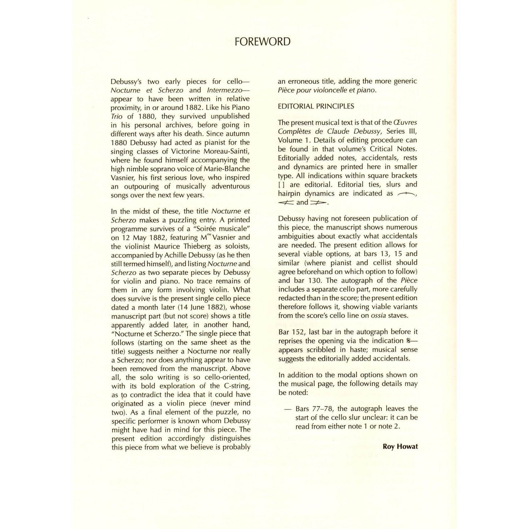 Debussy, Claude - Nocturne and Scherzo for Cello and Piano - edited by Roy Howat - Durand Edition