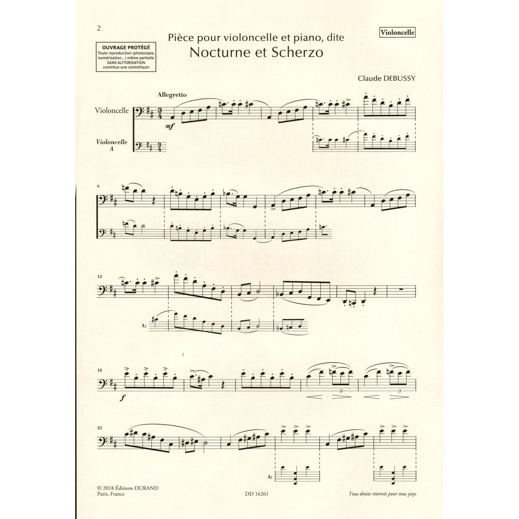 Debussy, Claude - Nocturne and Scherzo for Cello and Piano - edited by Roy Howat - Durand Edition