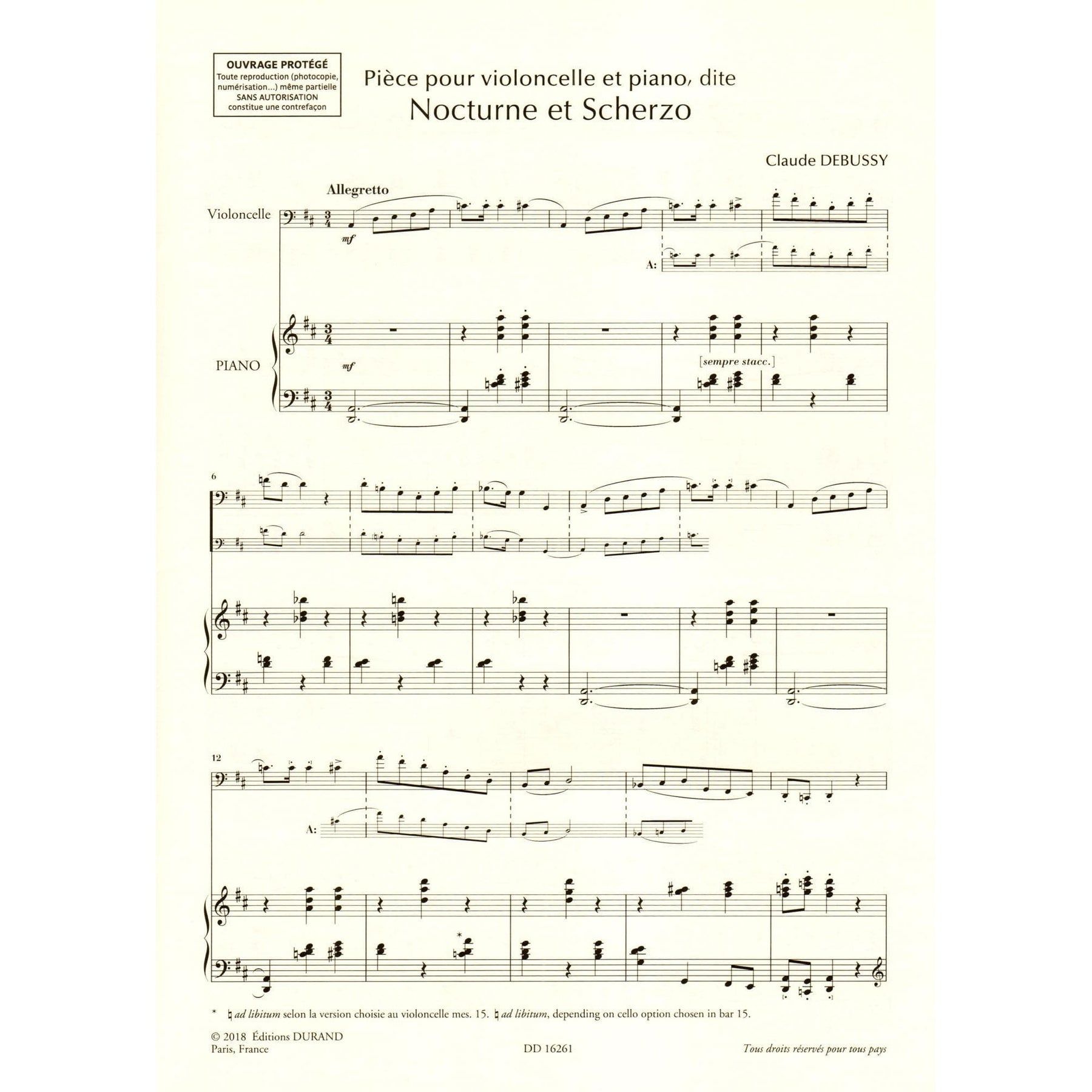 Debussy, Claude - Nocturne and Scherzo for Cello and Piano - edited by Roy Howat - Durand Edition