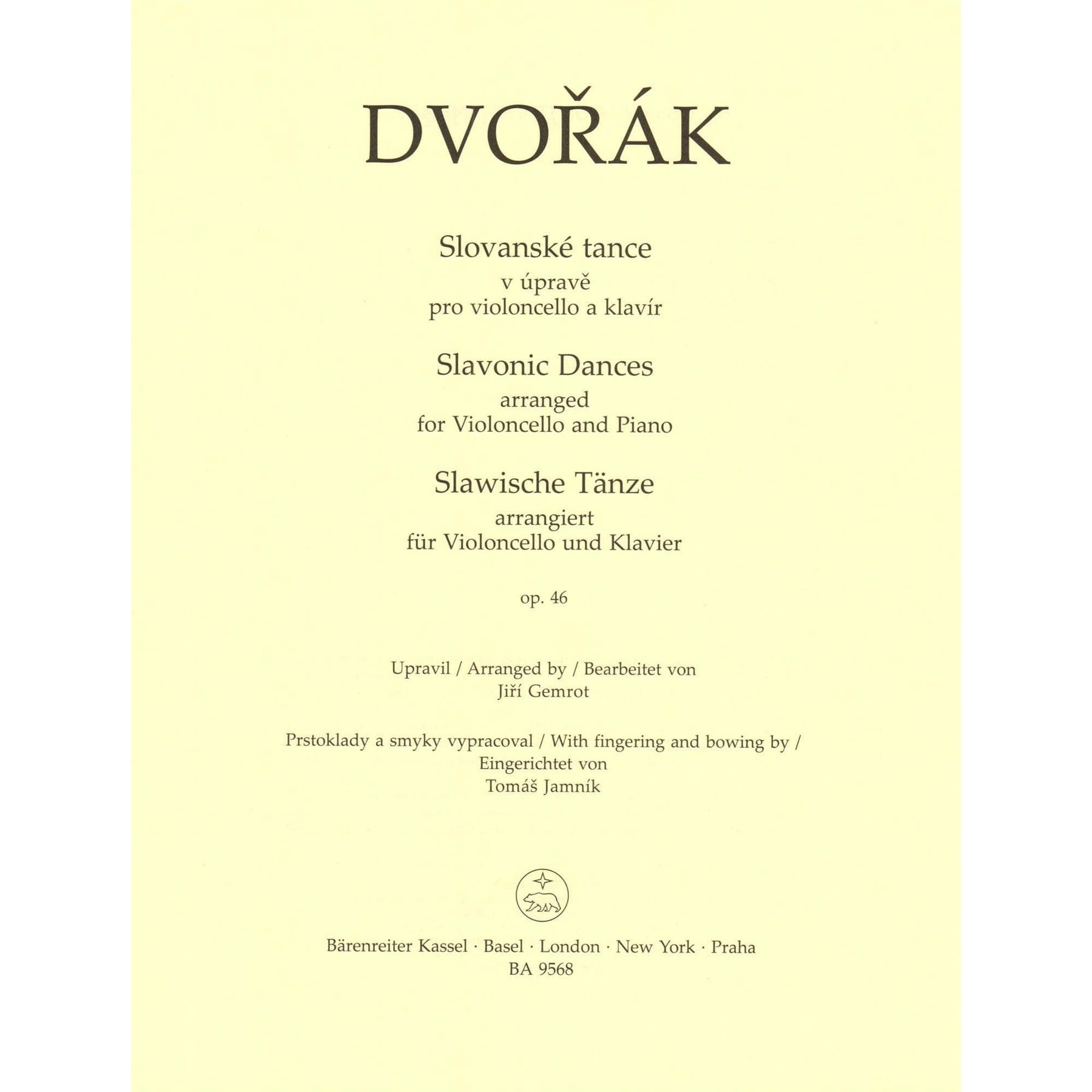Dvorak, Antonin - Slavonic Dances, Op. 46 - arranged by J. Gemrot - for Cello and Piano - Barenreiter