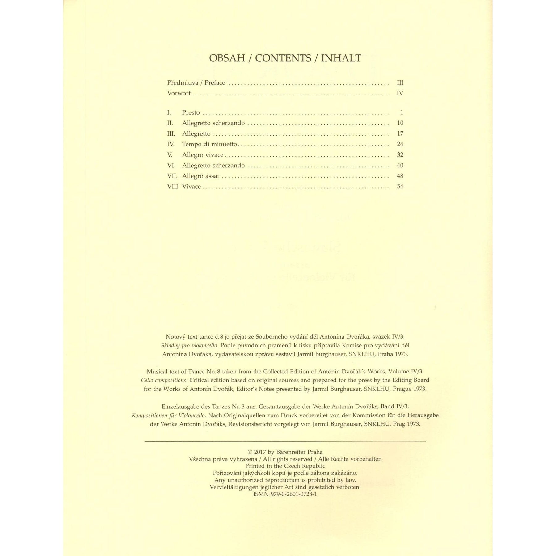 Dvorak, Antonin - Slavonic Dances, Op. 46 - arranged by J. Gemrot - for Cello and Piano - Barenreiter