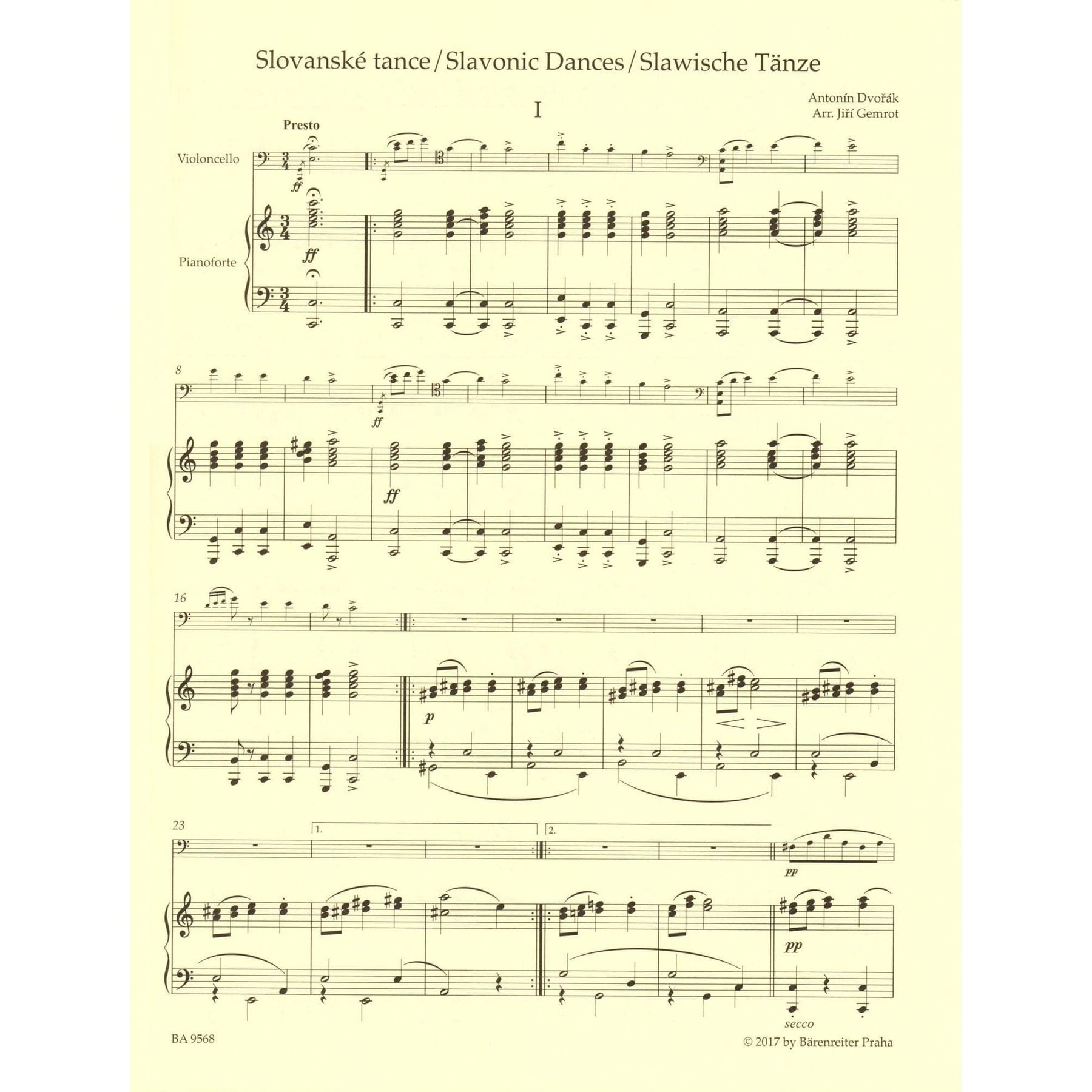 Dvorak, Antonin - Slavonic Dances, Op. 46 - arranged by J. Gemrot - for Cello and Piano - Barenreiter
