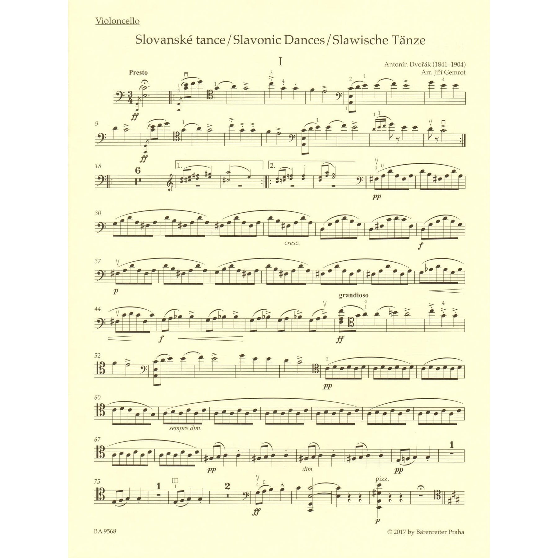 Dvorak, Antonin - Slavonic Dances, Op. 46 - arranged by J. Gemrot - for Cello and Piano - Barenreiter