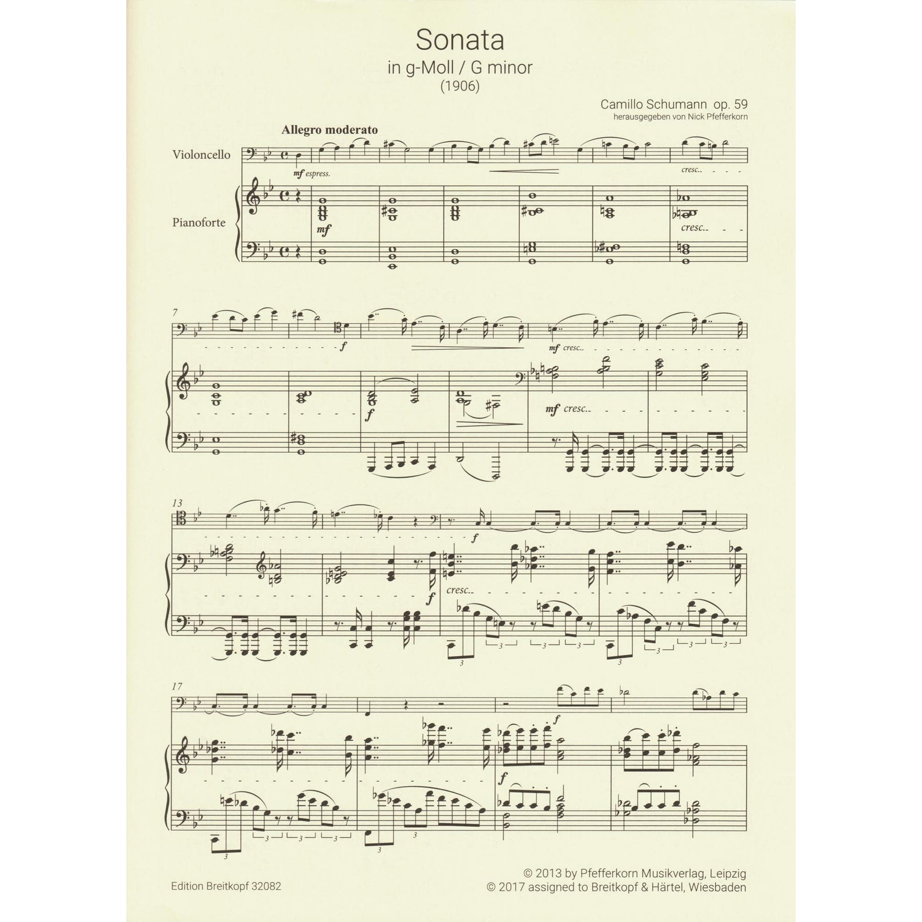 Schumann, Camillo - Sonata No. 1 in G minor, Op. 59 - for Cello and Piano - Breitkopf & Hartel URTEXT