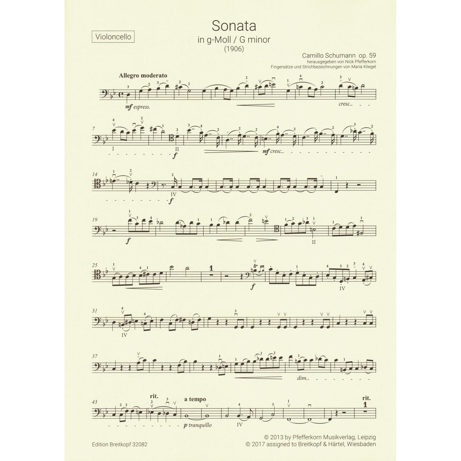 Schumann, Camillo - Sonata No. 1 in G minor, Op. 59 - for Cello and Piano - Breitkopf & Hartel URTEXT