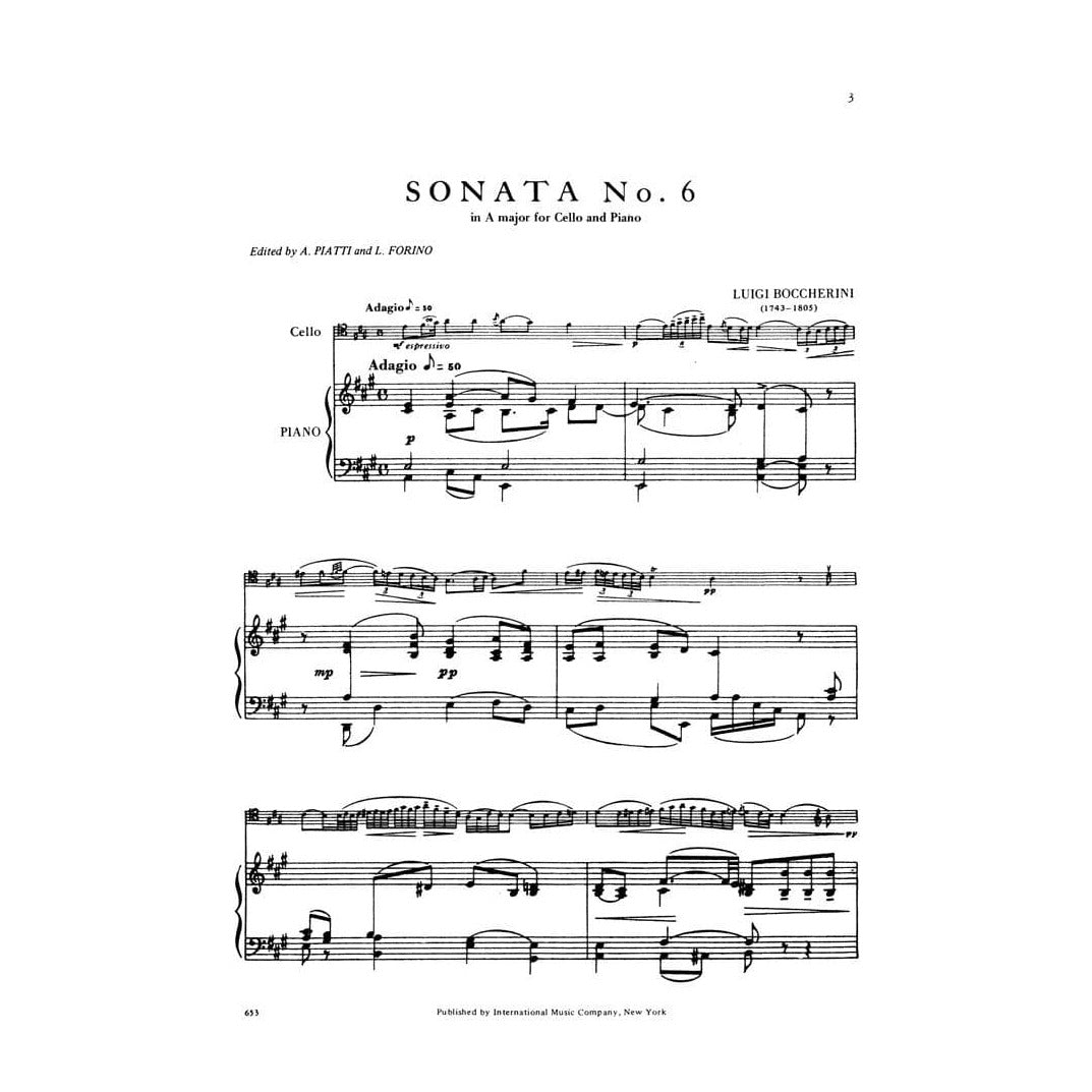 Boccherini, Luigi - Sonata No 6 in A Major G 4 for Cello and Piano - Arranged by Piatti-Forino - International Edition