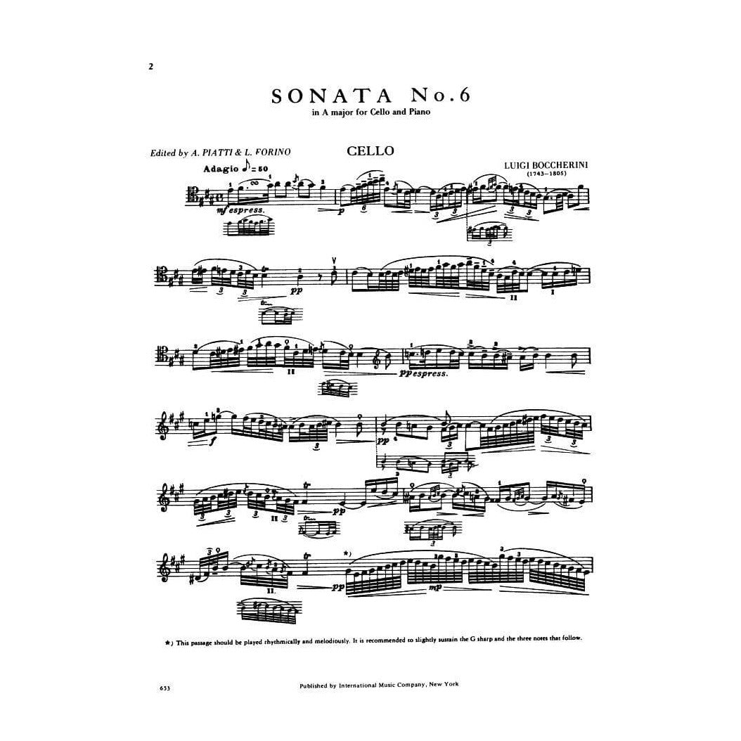 Boccherini, Luigi - Sonata No 6 in A Major G 4 for Cello and Piano - Arranged by Piatti-Forino - International Edition
