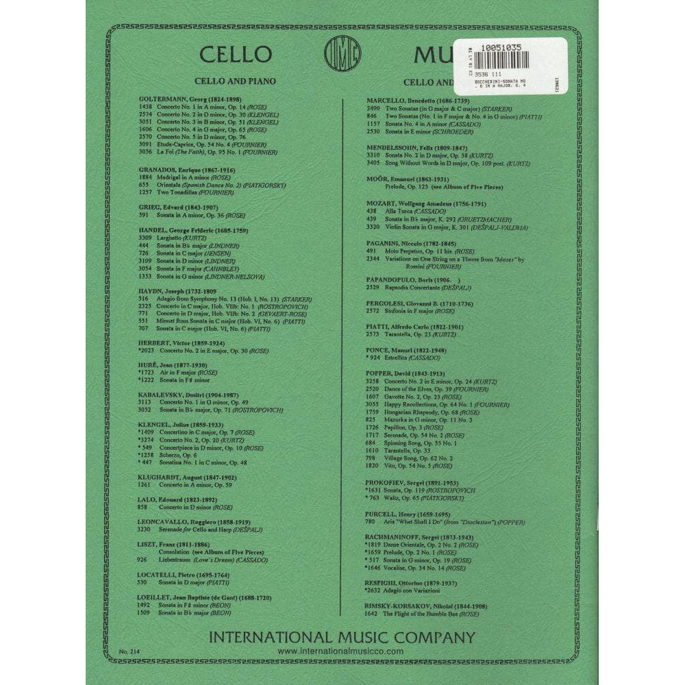 Boccherini, Luigi - Sonata No 6 in A Major G 4 for Cello and Piano - Arranged by Piatti-Forino - International Edition