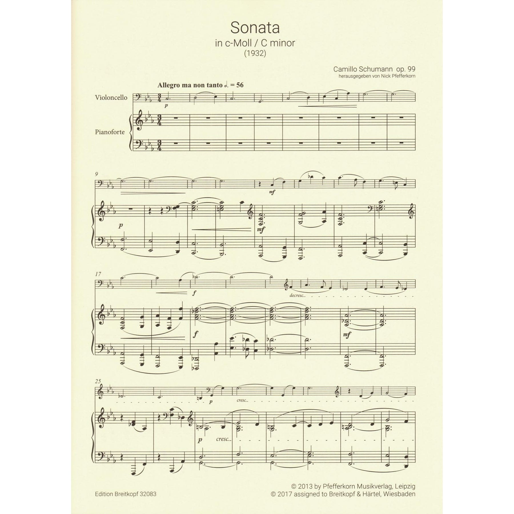 Schumann, Camillo - Sonata No. 2 in C minor, Op. 99 - for Cello and Piano - Breitkopf & Hartel URTEXT