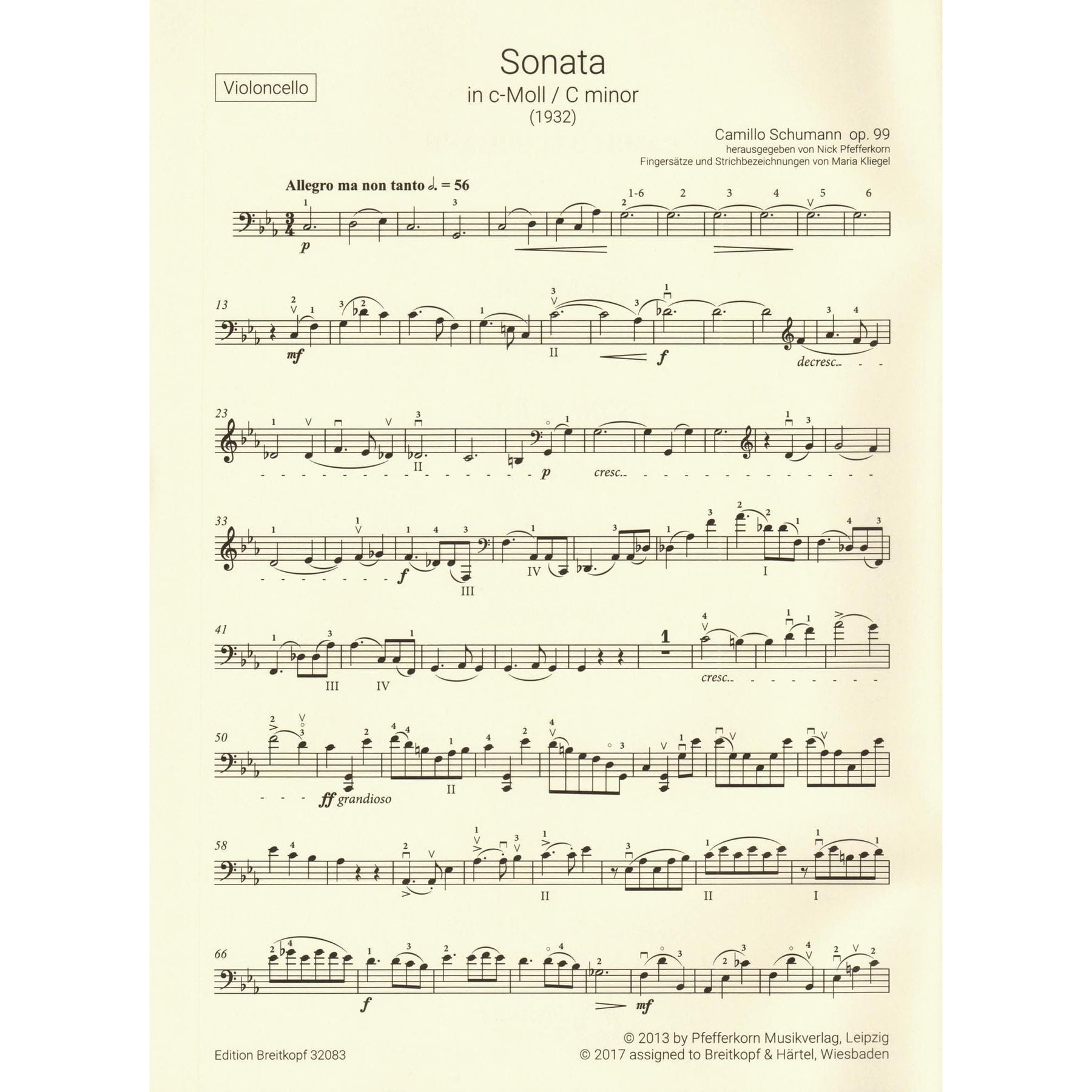 Schumann, Camillo - Sonata No. 2 in C minor, Op. 99 - for Cello and Piano - Breitkopf & Hartel URTEXT
