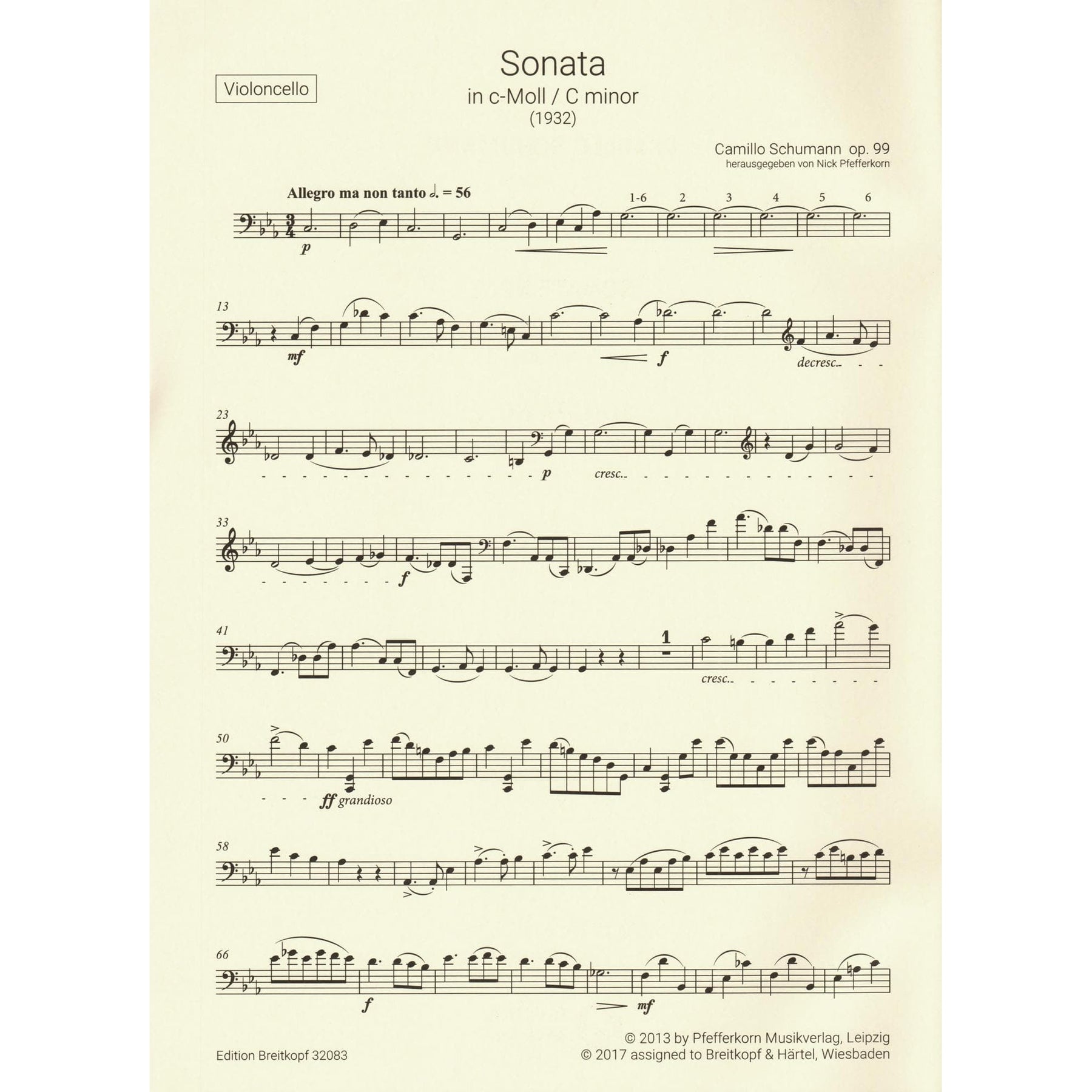 Schumann, Camillo - Sonata No. 2 in C minor, Op. 99 - for Cello and Piano - Breitkopf & Hartel URTEXT