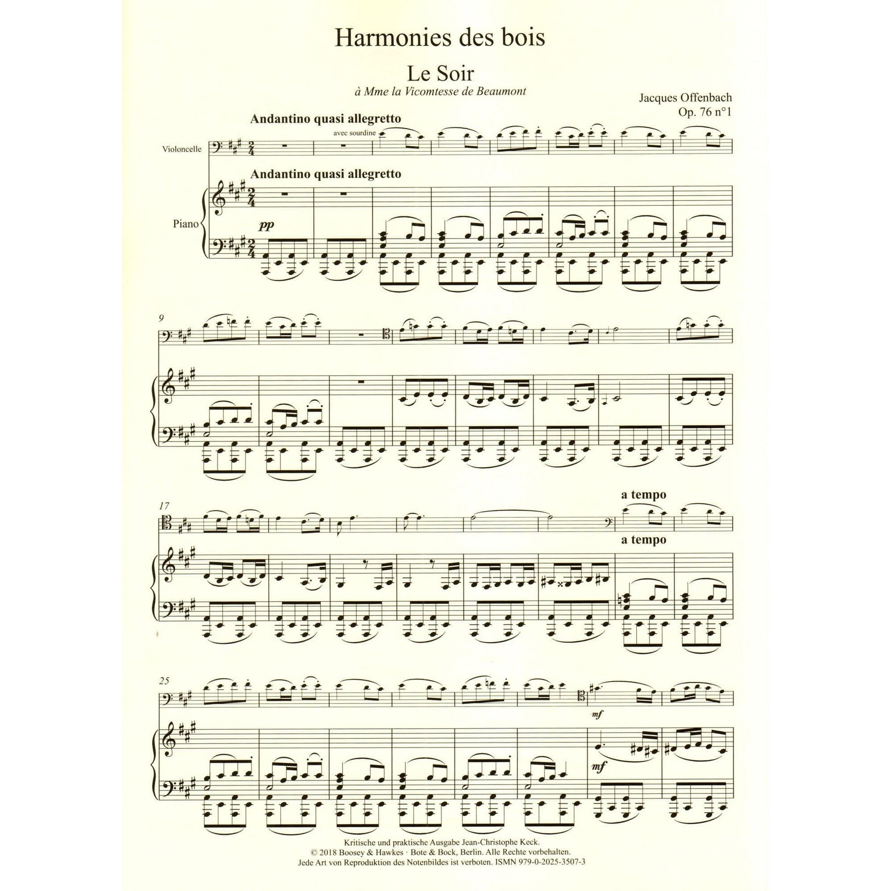 Offenbach, Jacques - Harmonies des bois - for Cello and Piano - edited by Keck - Boosey & Hawkes