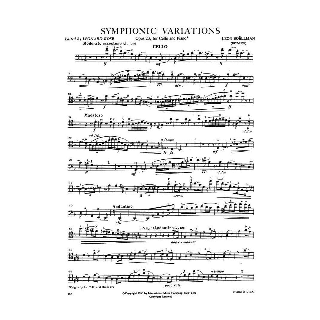 Boellmann, L - Symphonic Variations Op 23 for Cello and Piano - International Edition