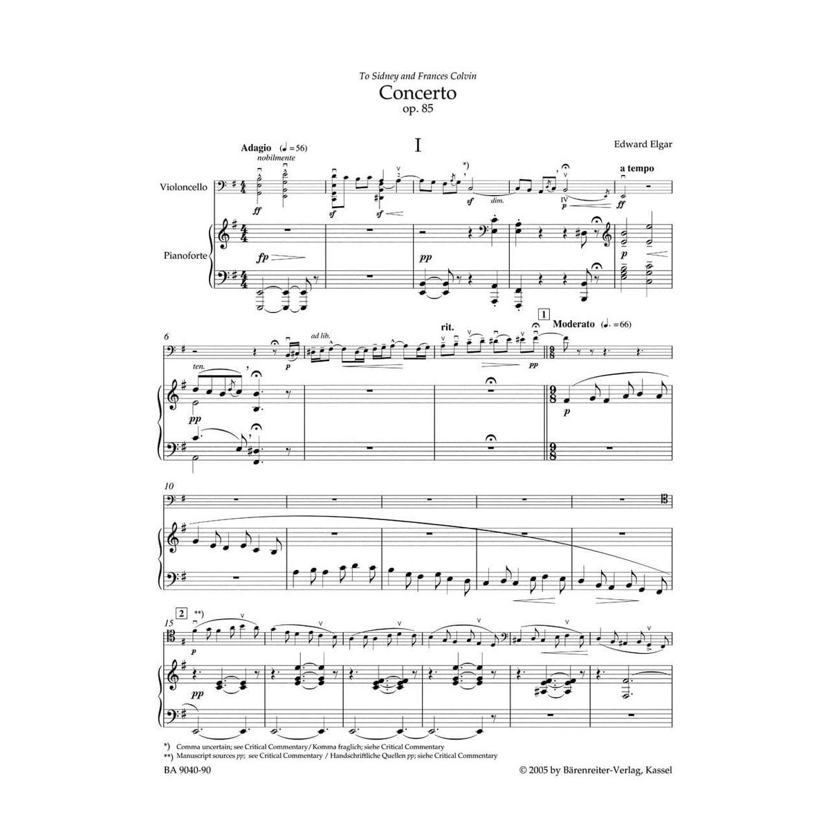 Elgar, Edward - Concerto in e-minor, Op 85 - Cello and Piano - edited by Jonathan Del Mar - Bärenreiter Verlag URTEXT