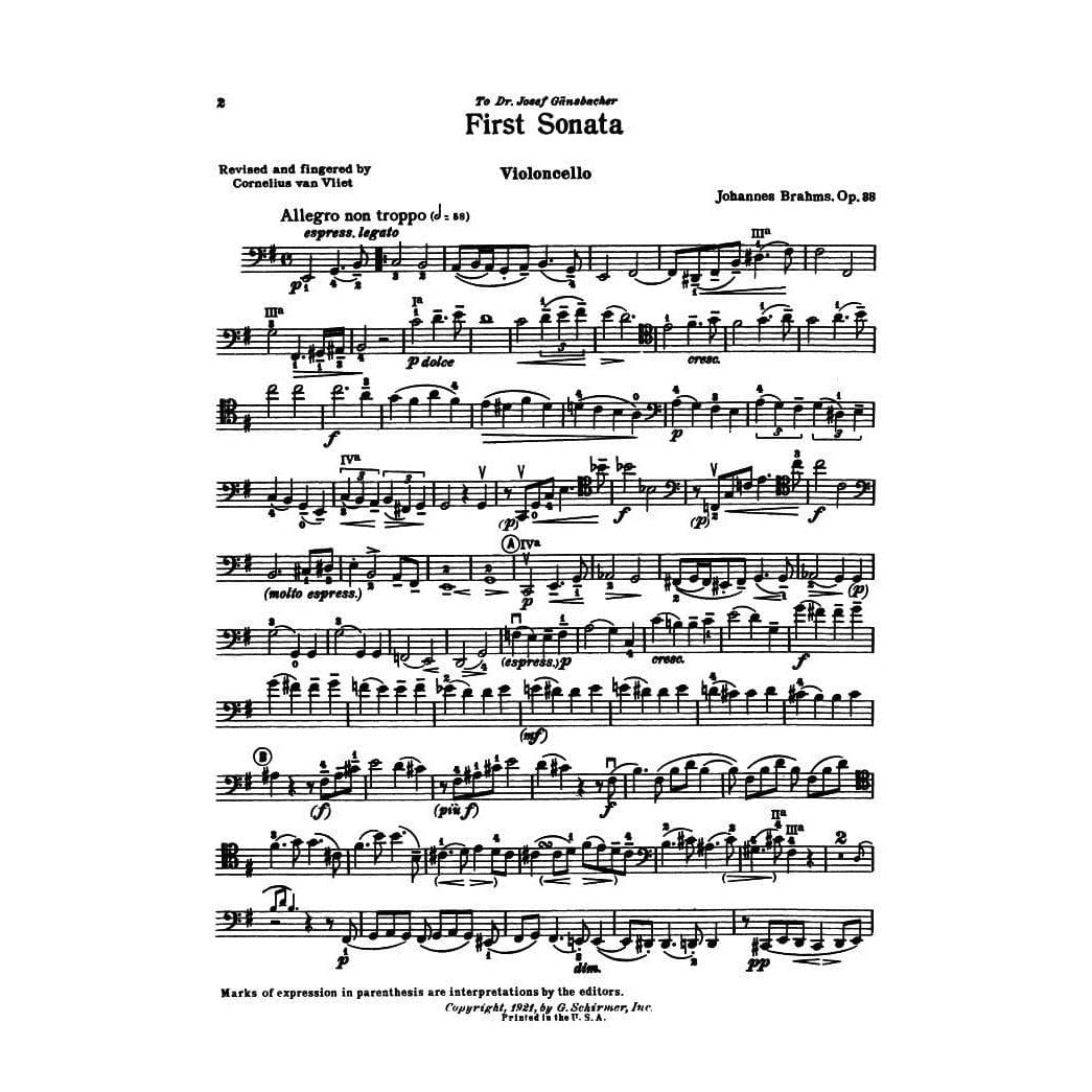 Brahms, Johannes - Sonata No 1 in e minor Op 38 for Cello and Piano - Arranged by Van Vliet - Schirmer Edition