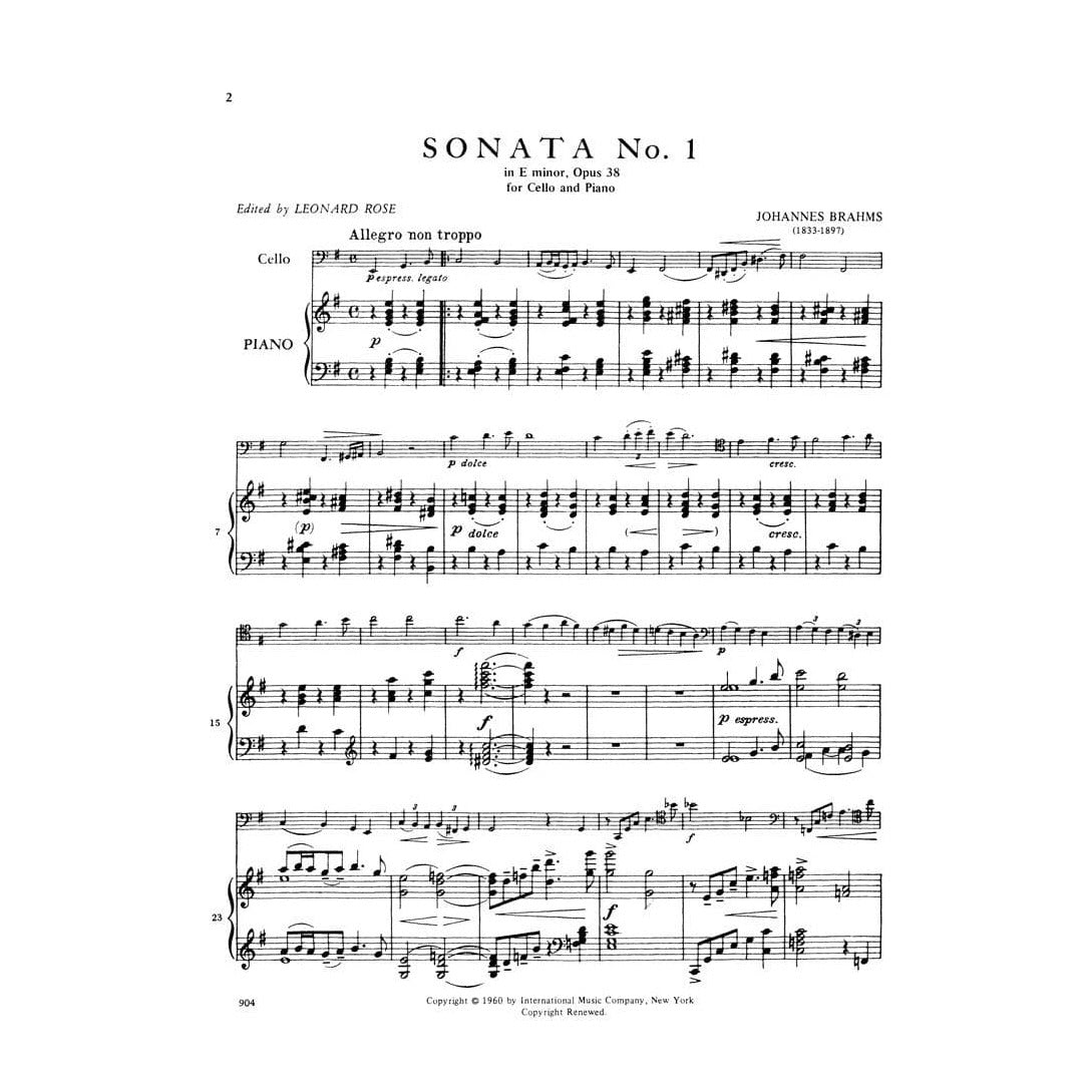 Brahms, Johannes - Sonata No 1 in e minor Op 38 for Cello and Piano - Arranged by Rose - International Edition
