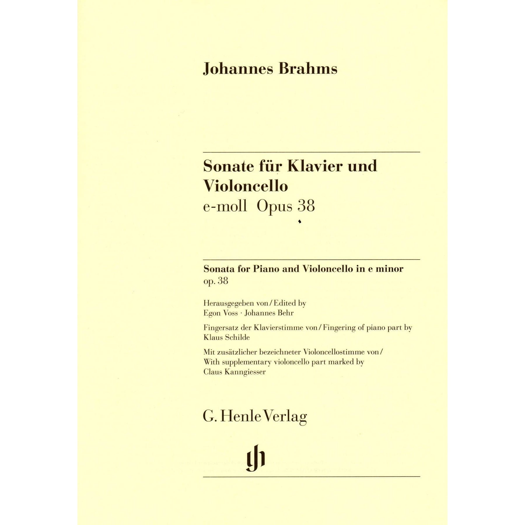 Brahms, Johannes - Sonata No 1 in e minor Op 38 for Cello and Piano - Henle Verlag URTEXT Edition