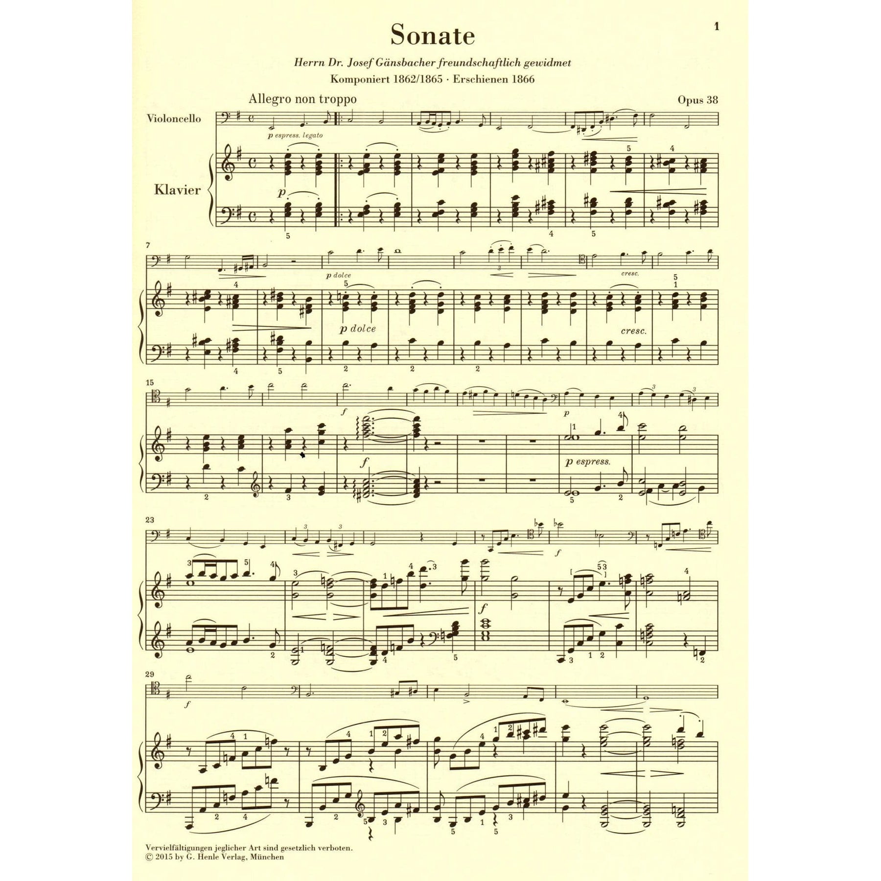 Brahms, Johannes - Sonata No 1 in e minor Op 38 for Cello and Piano - Henle Verlag URTEXT Edition